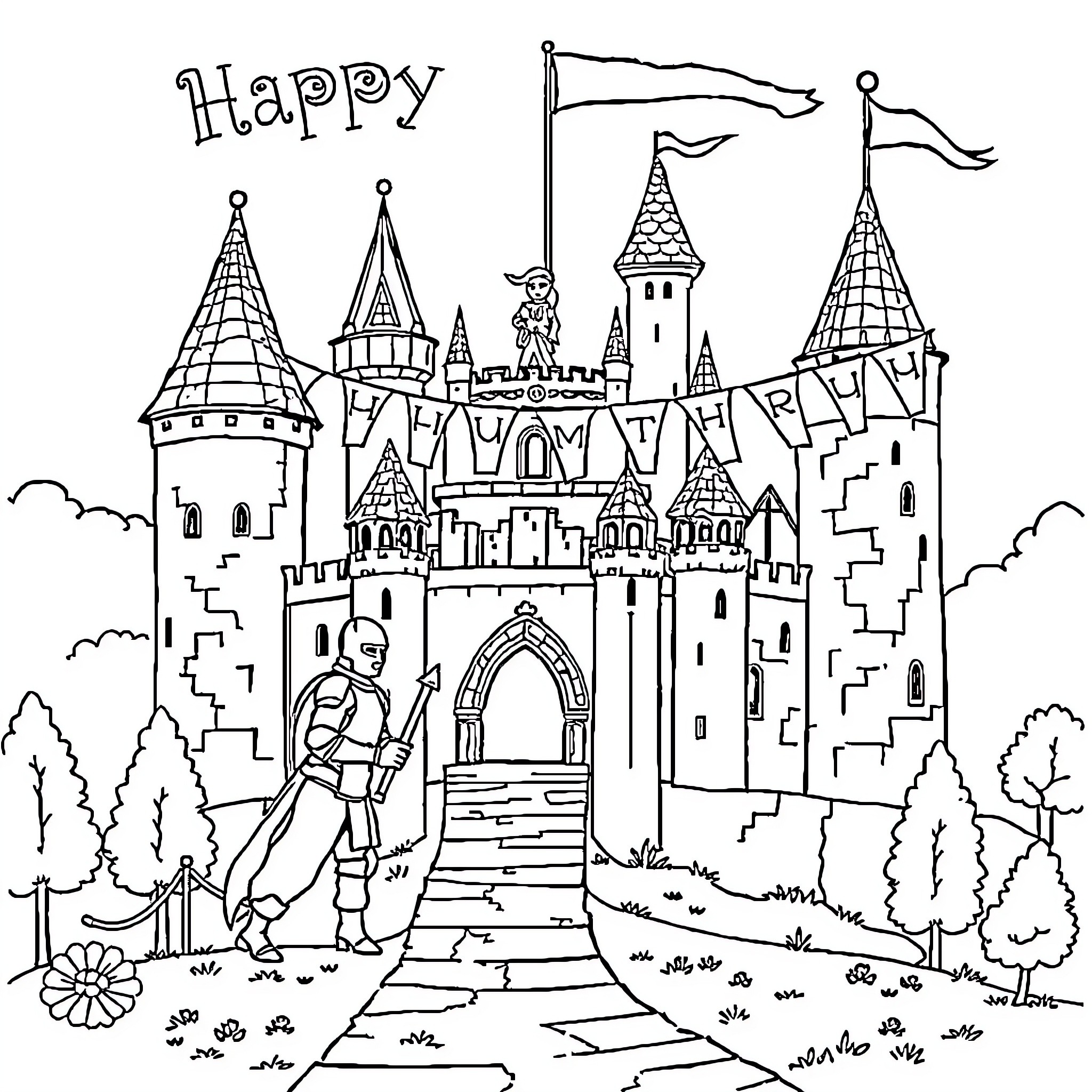 Medieval Birthday Card with Knights and Castles Coloring Page (free black-and-white line drawing printable PDF for all, from beginners to advanced learners, including children, teens, adults, and seniors)