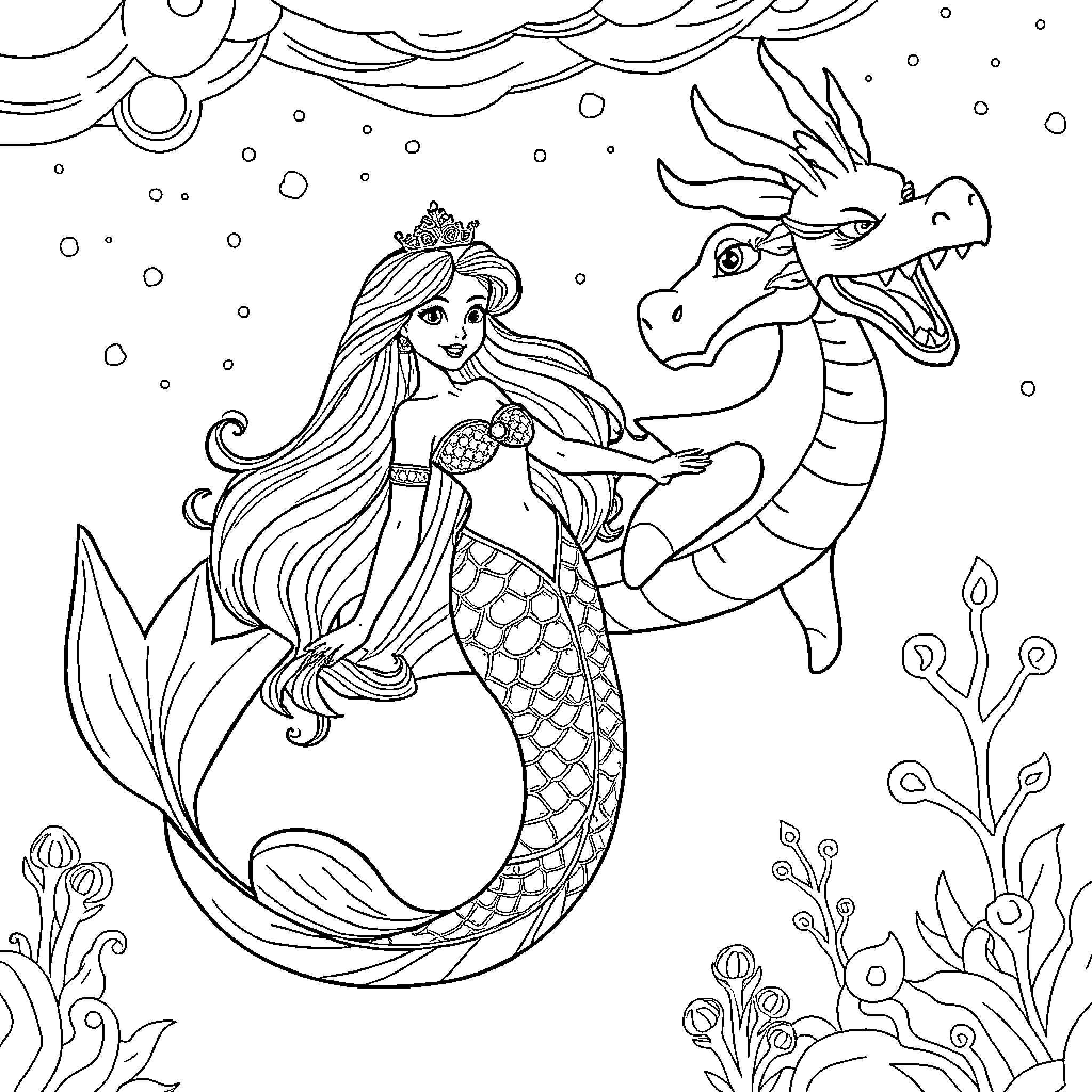 Princess Mermaid Riding a Friendly Dragon Coloring Page (free black-and-white line drawing printable PDF for all, from beginners to advanced learners, including children, teens, adults, and seniors)