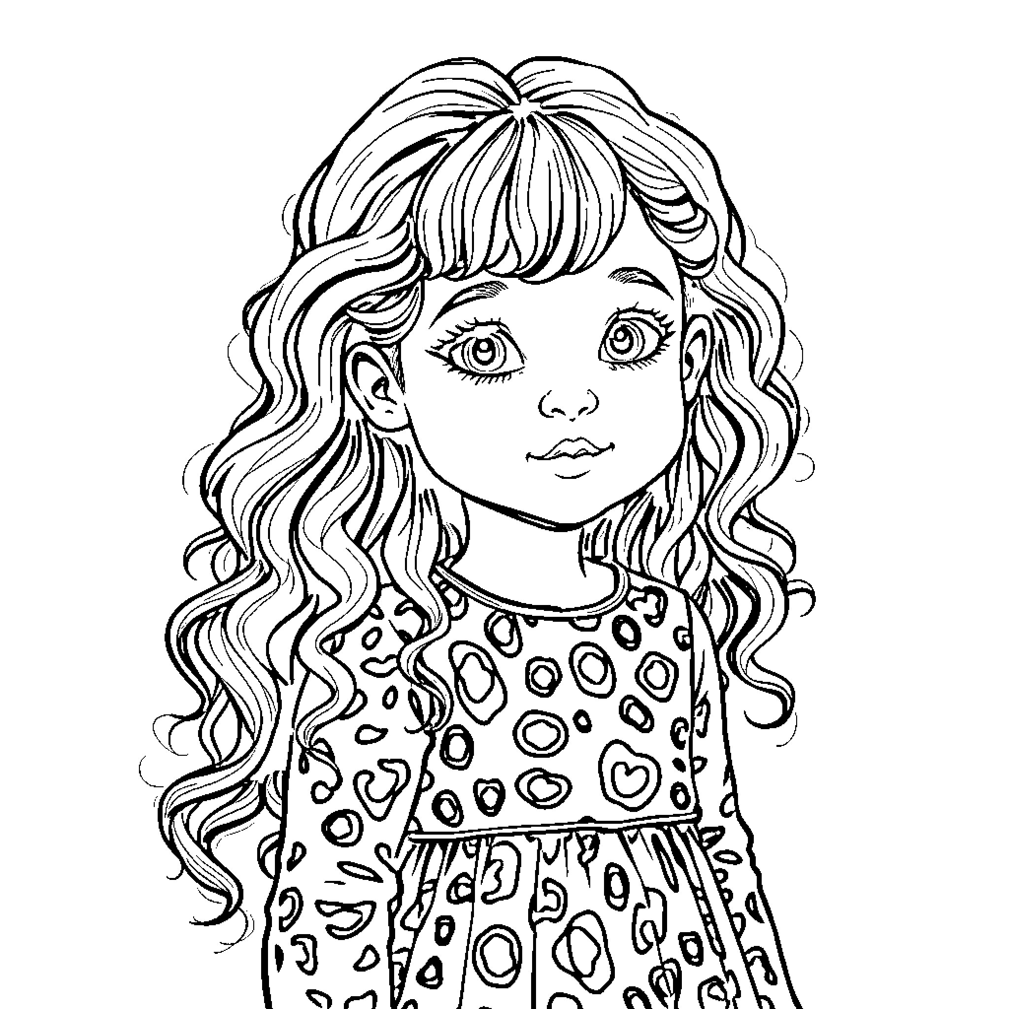 Girl with Curly Hair and Spotted Dress Coloring Page (free black-and-white line drawing printable PDF for all, from beginners to advanced learners, including children, teens, adults, and seniors)