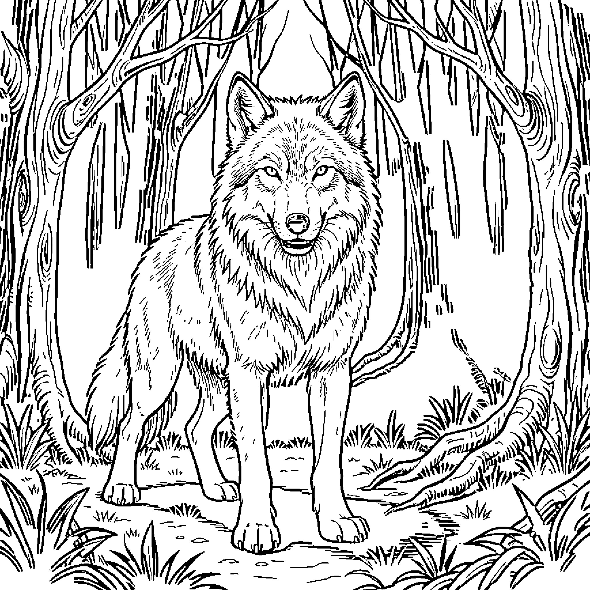 Dyer Wolf prowling through the eerie forest Coloring Page (free black-and-white line drawing printable PDF for all, from beginners to advanced learners, including children, teens, adults, and seniors)