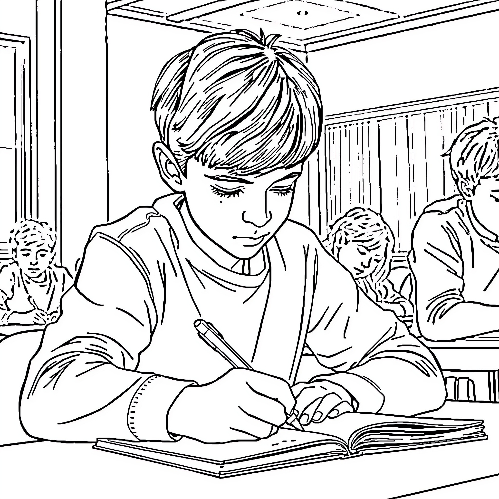 Élève concentré sur ses études dans la salle de classe Coloring Page (free black-and-white line drawing printable PDF for all, from beginners to advanced learners, including children, teens, adults, and seniors)
