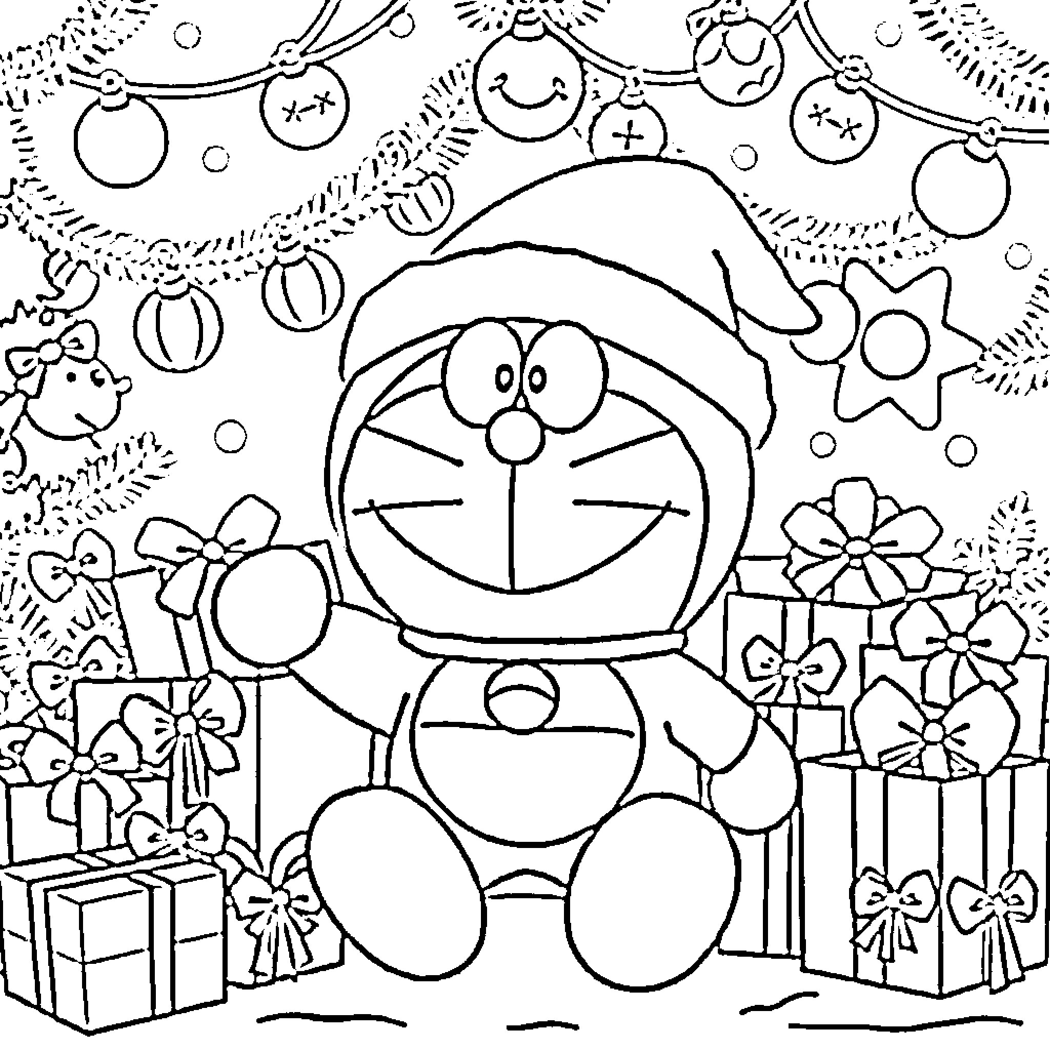 Doraemon surrounded by festive decorations and gifts Coloring Page (free black-and-white line drawing printable PDF for all, from beginners to advanced learners, including children, teens, adults, and seniors)