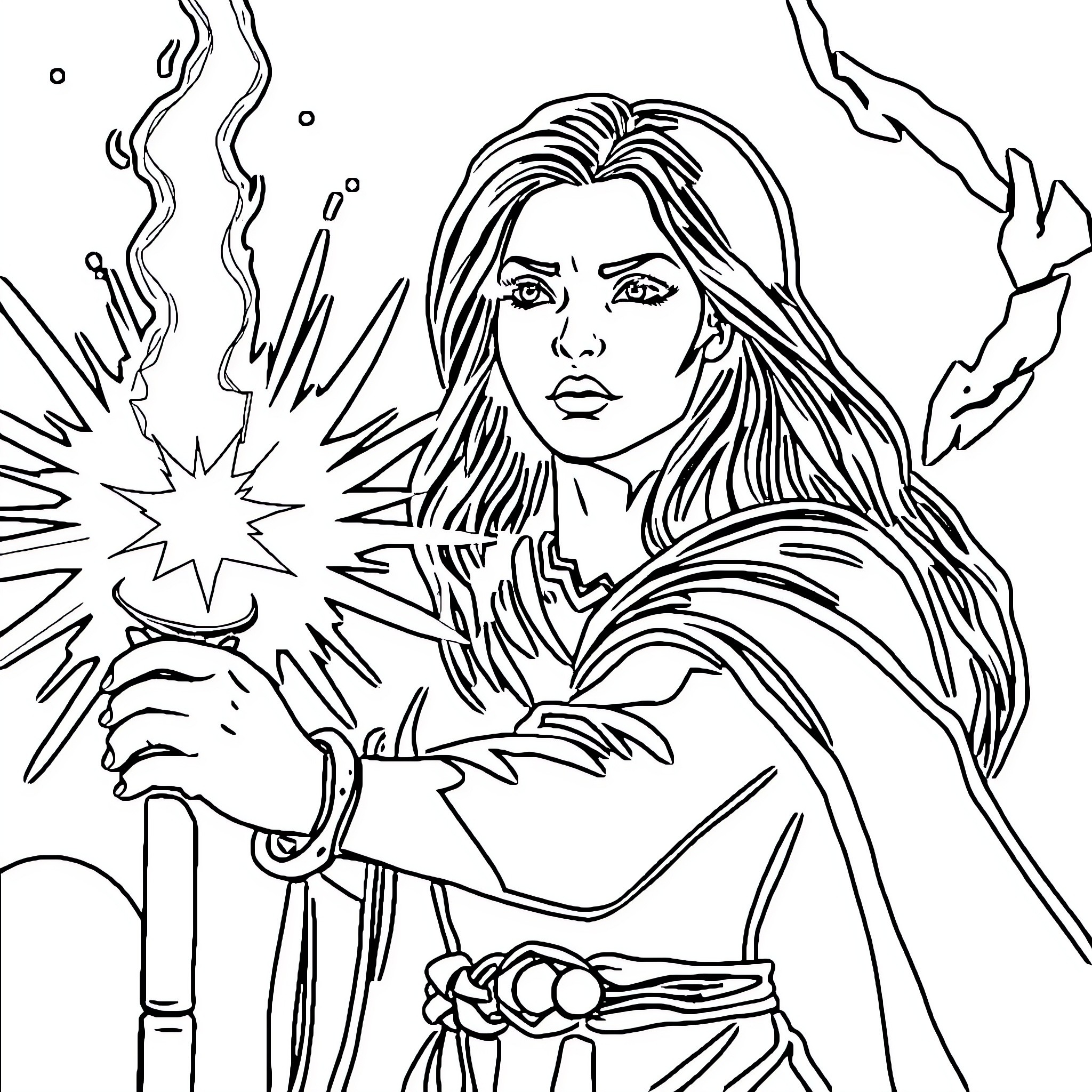 Woman wielding magical energy in epic fantasy scene Coloring Page (free black-and-white line drawing printable PDF for all, from beginners to advanced learners, including children, teens, adults, and seniors)