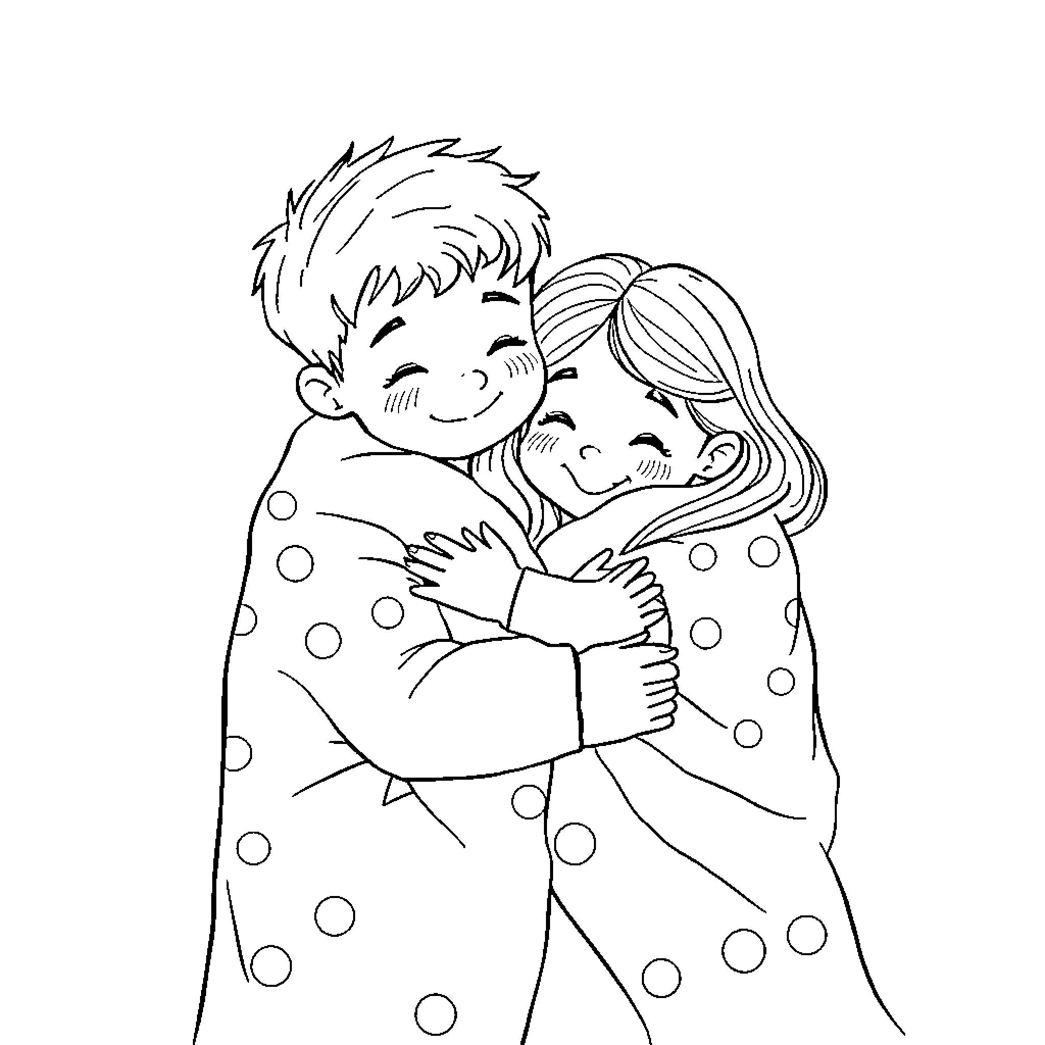 Sibling's cozy embrace Coloring Page (free black-and-white line drawing printable PDF for all, from beginners to advanced learners, including children, teens, adults, and seniors)