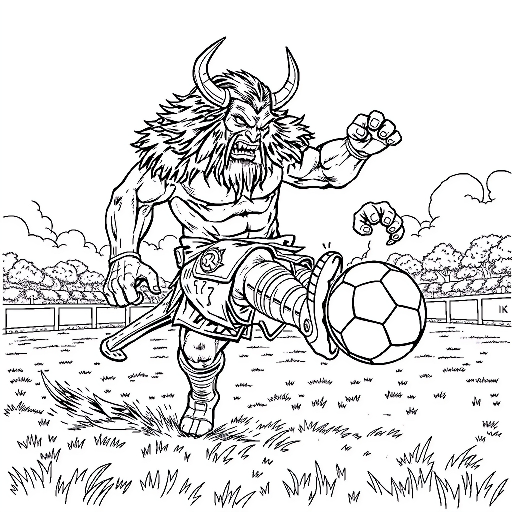 Orcala Fierce Soccer Beast Unleashes Power Coloring Page (free black-and-white line drawing printable PDF for all, from beginners to advanced learners, including children, teens, adults, and seniors)