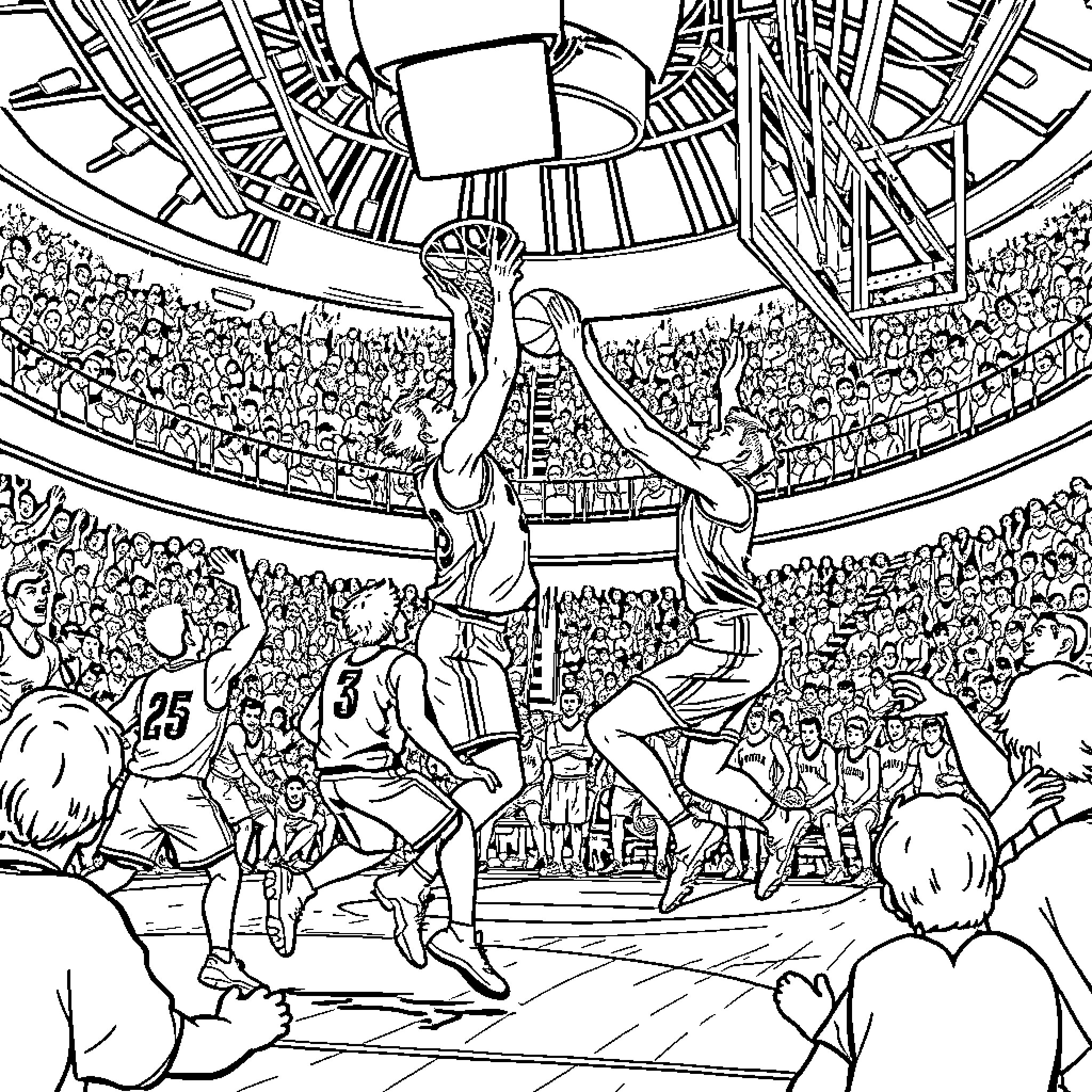 Basketball players in intense game on court Coloring Page (free black-and-white line drawing printable PDF for all, from beginners to advanced learners, including children, teens, adults, and seniors)