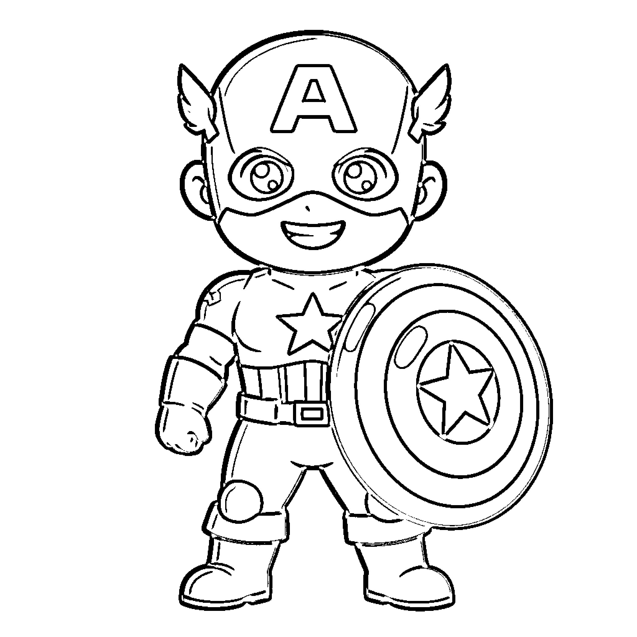 Captain America: Heroic Superhero with Shield Coloring Page (free black-and-white line drawing printable PDF for all, from beginners to advanced learners, including children, teens, adults, and seniors)