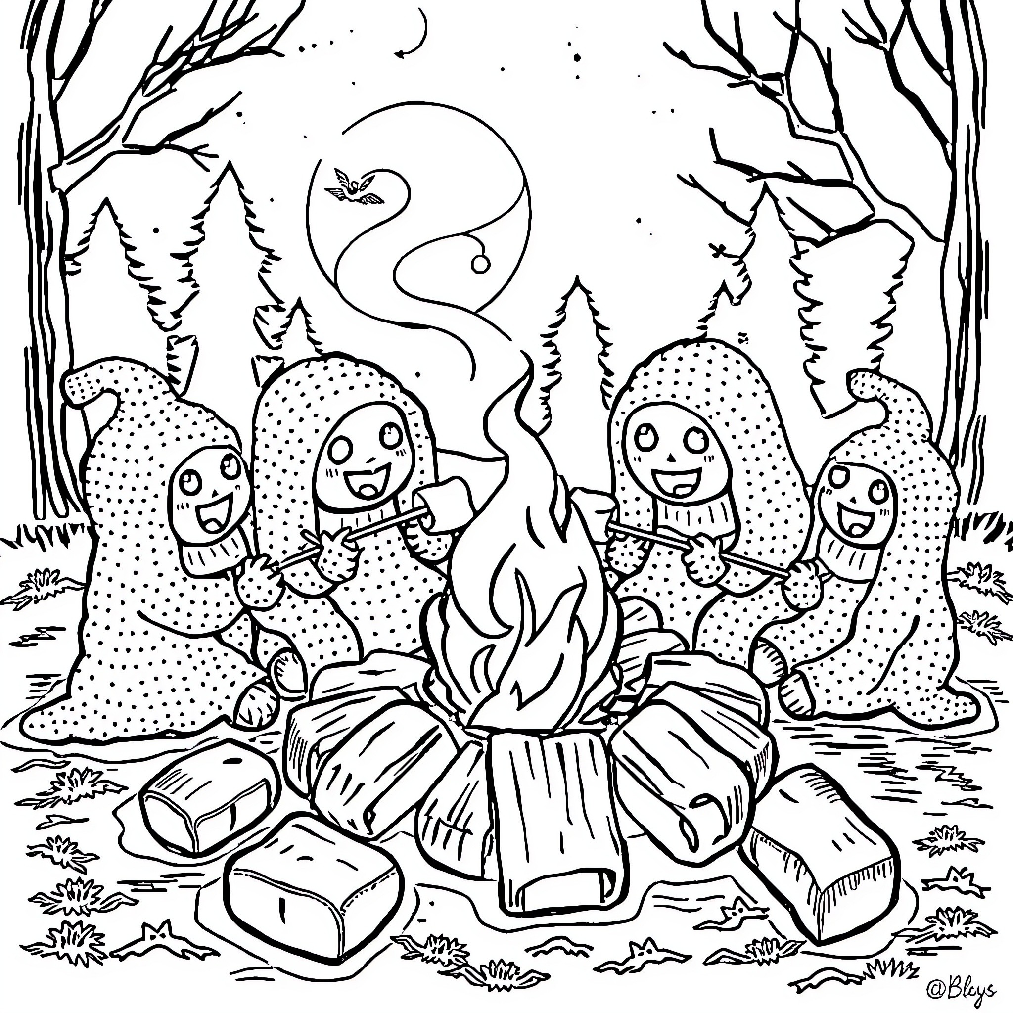 Ghost characters having a campfire in the woods Coloring Page (free black-and-white line drawing printable PDF for all, from beginners to advanced learners, including children, teens, adults, and seniors)