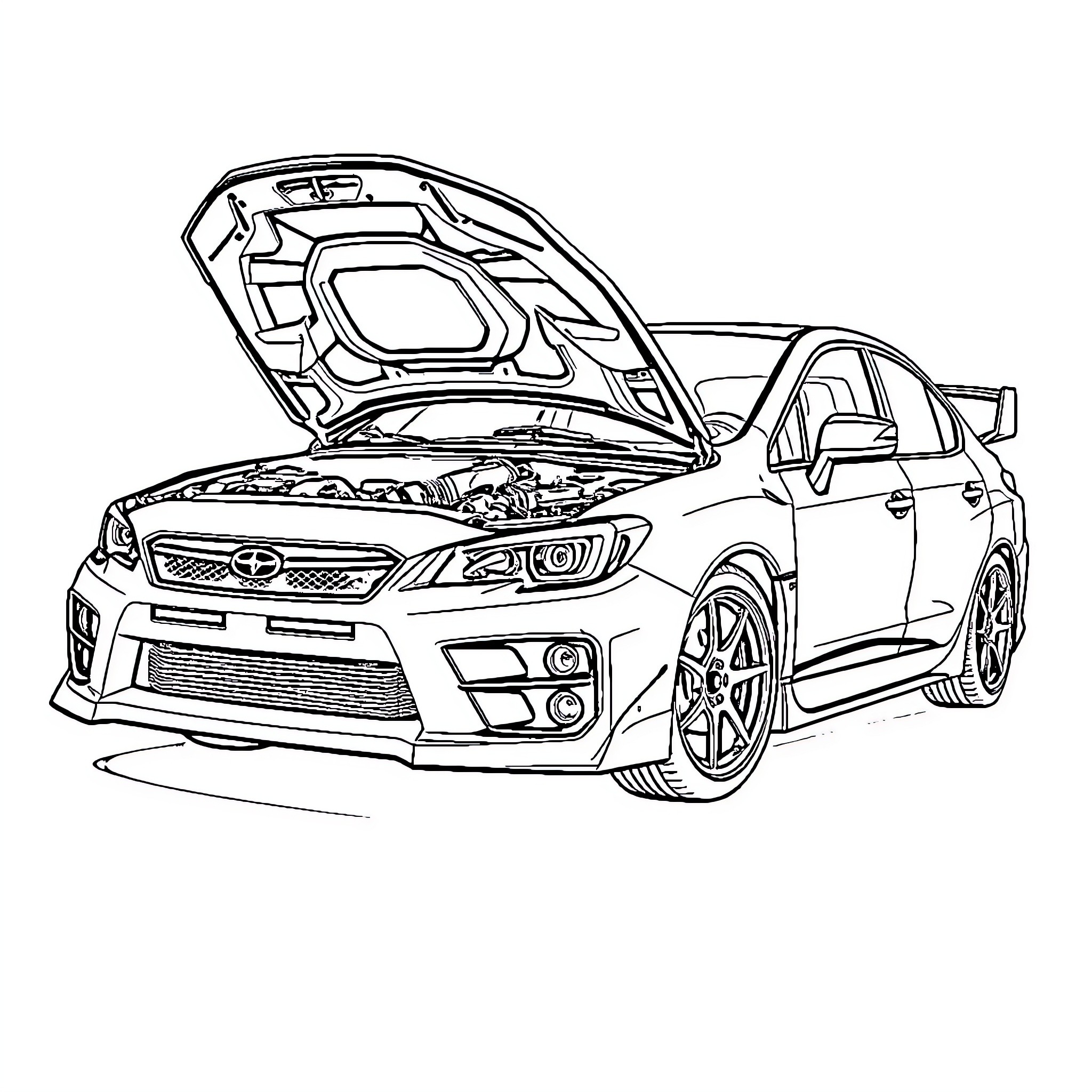 Wrx automotive vehicle with open hood Coloring Page (free black-and-white line drawing printable PDF for all, from beginners to advanced learners, including children, teens, adults, and seniors)