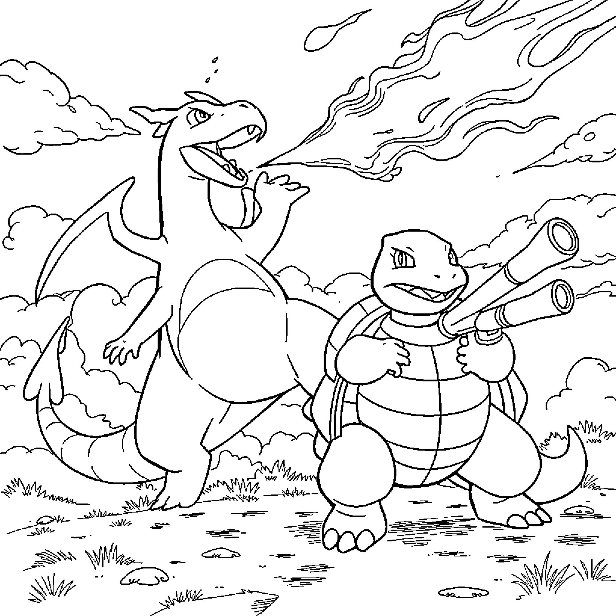 Charizard and Blastoise engaging in a fierce battle Coloring Page (free black-and-white line drawing printable PDF for all, from beginners to advanced learners, including children, teens, adults, and seniors)