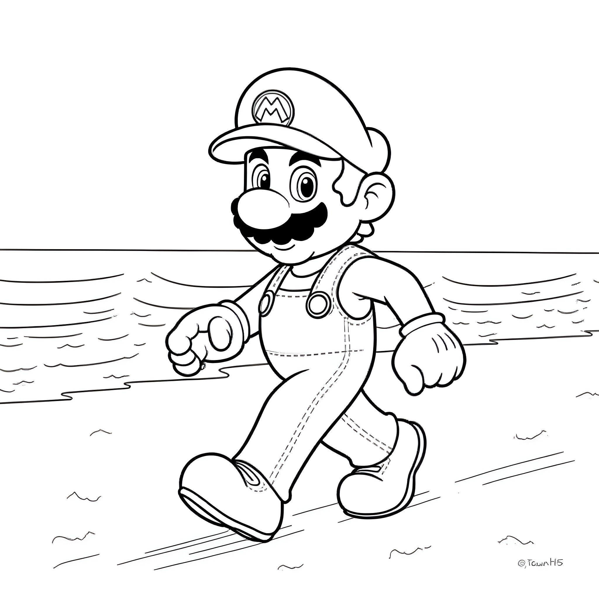 Mario swimming joyfully in the water Coloring Page (free black-and-white line drawing printable PDF for all, from beginners to advanced learners, including children, teens, adults, and seniors)