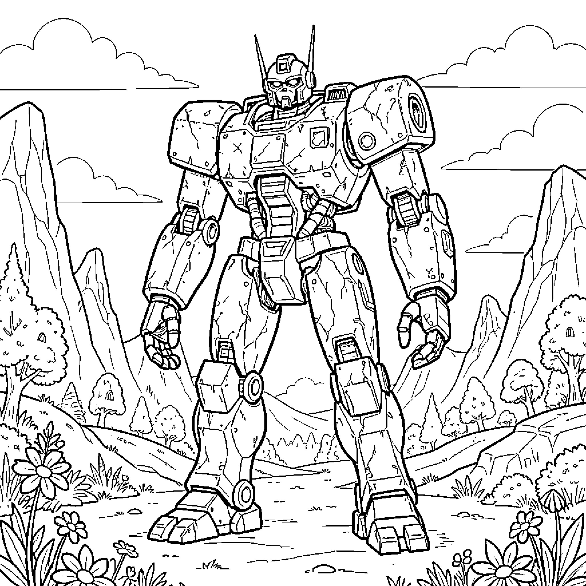 Robot standing heroically in a scenic mountain landscape Coloring Page (free black-and-white line drawing printable PDF for all, from beginners to advanced learners, including children, teens, adults, and seniors)