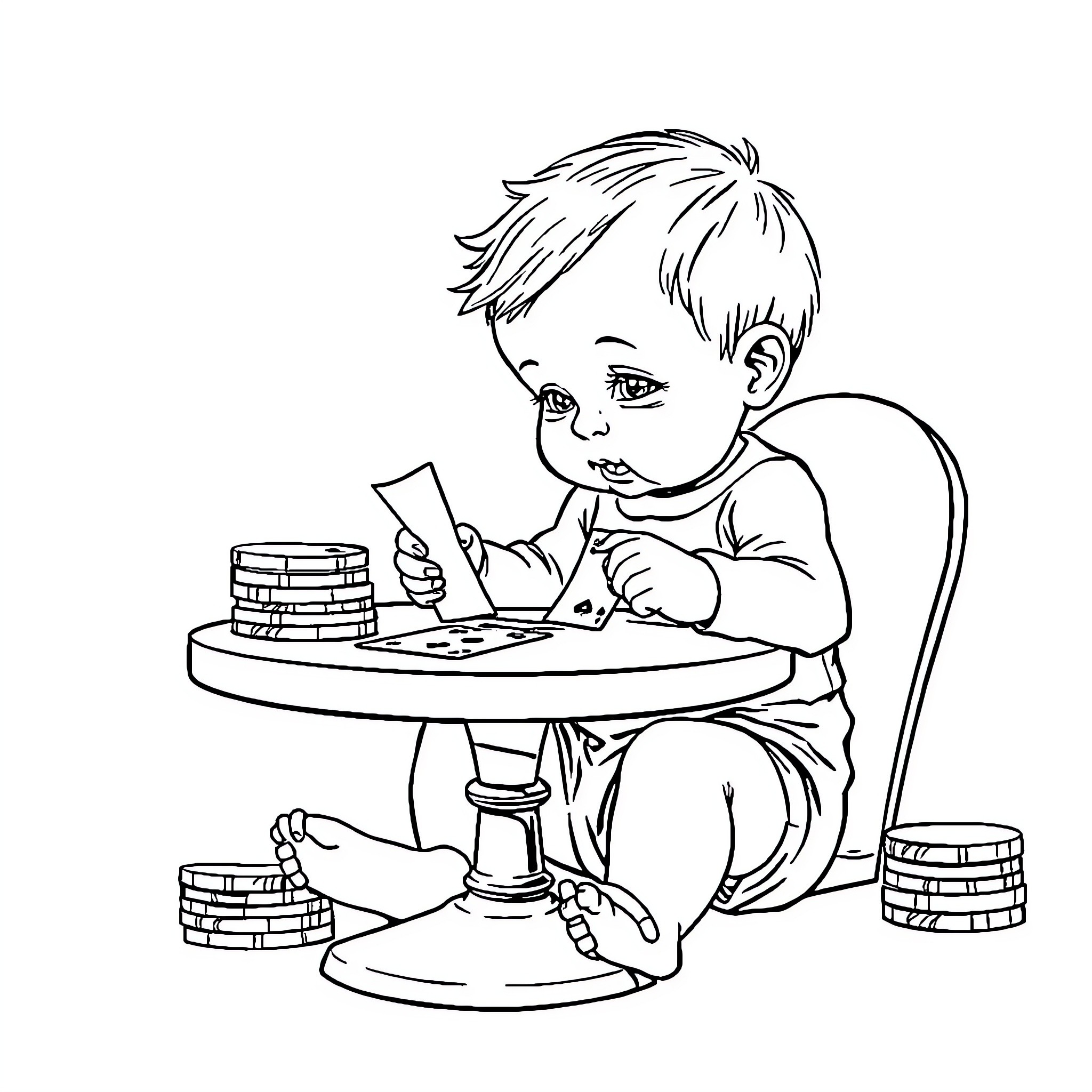 Baby playing with building blocks on table Coloring Page (free black-and-white line drawing printable PDF for all, from beginners to advanced learners, including children, teens, adults, and seniors)