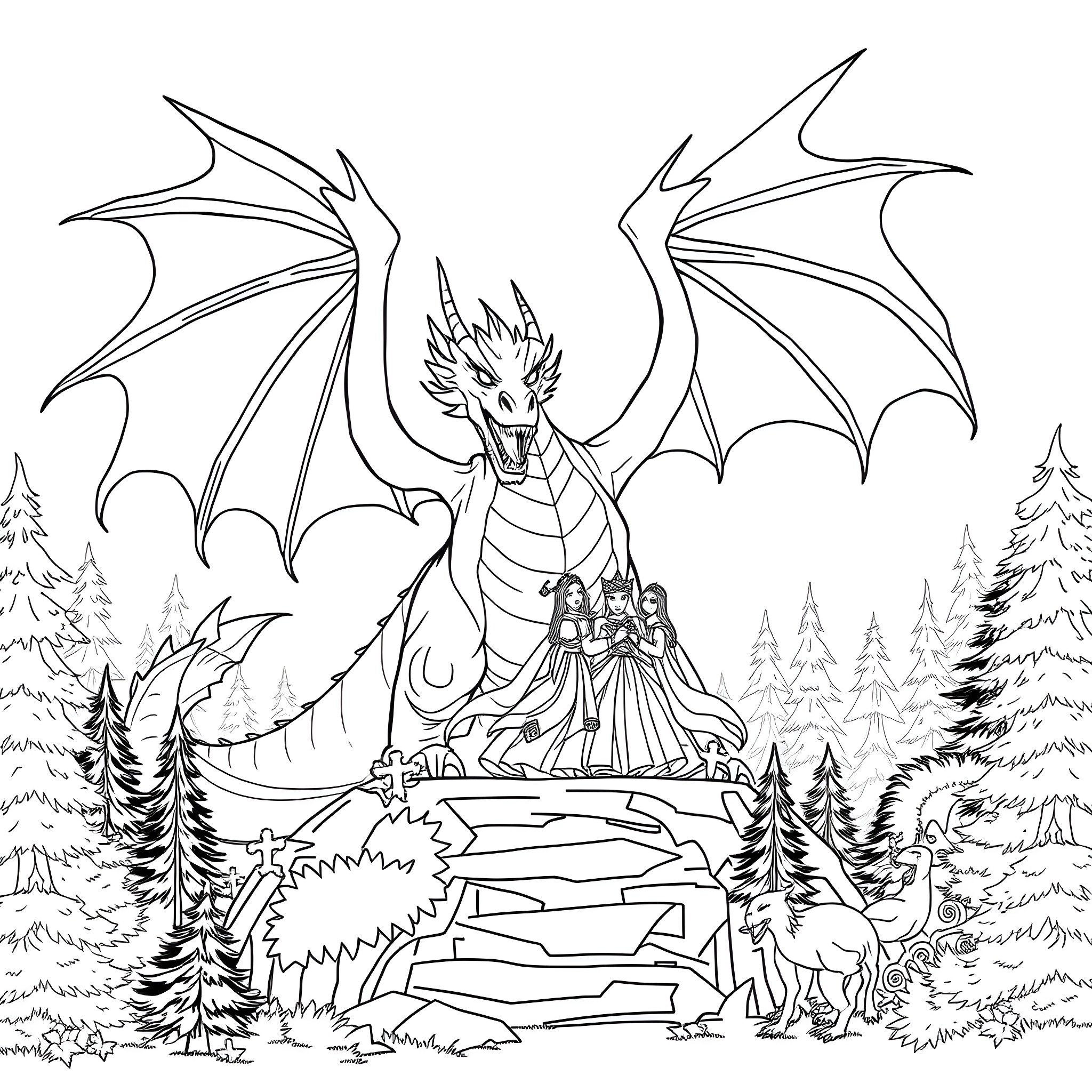 Dragon and a group of people in a fantasy landscape Coloring Page (free black-and-white line drawing printable PDF for all, from beginners to advanced learners, including children, teens, adults, and seniors)