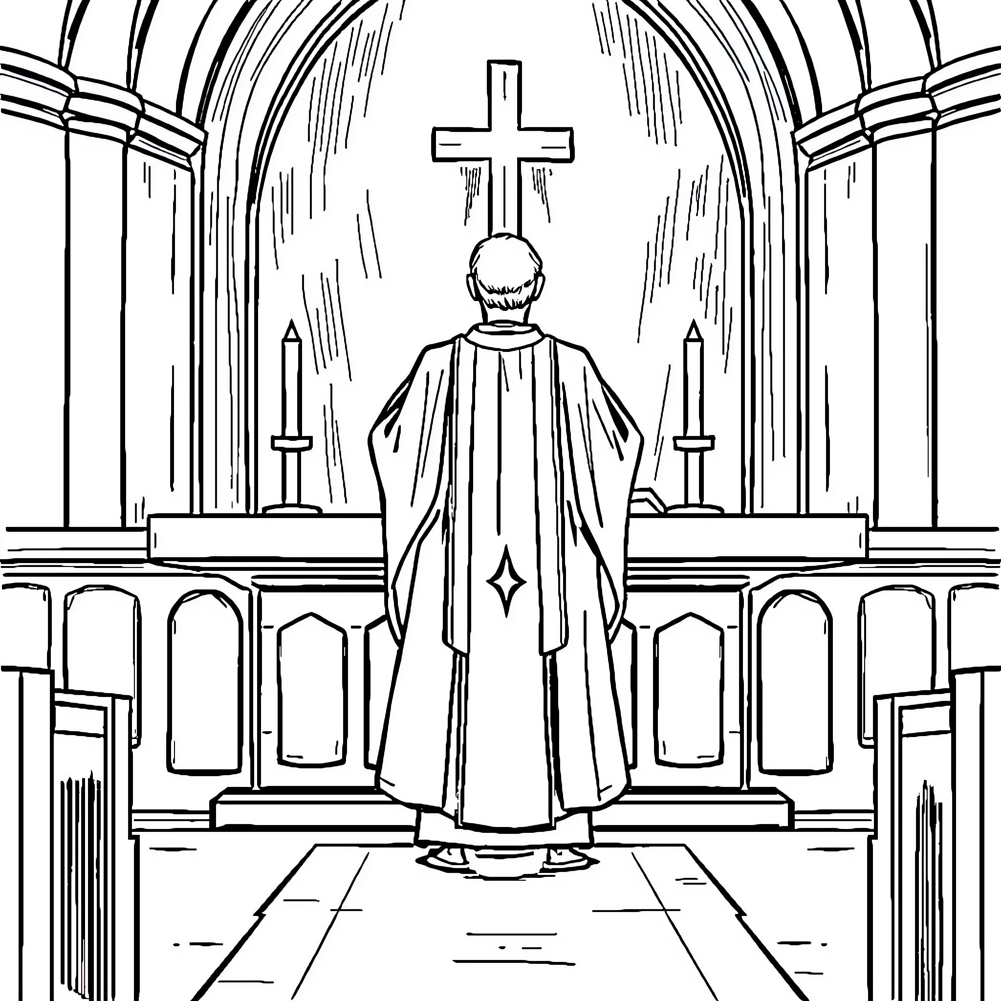 Priest conducting service in the church Coloring Page (free black-and-white line drawing printable PDF for all, from beginners to advanced learners, including children, teens, adults, and seniors)