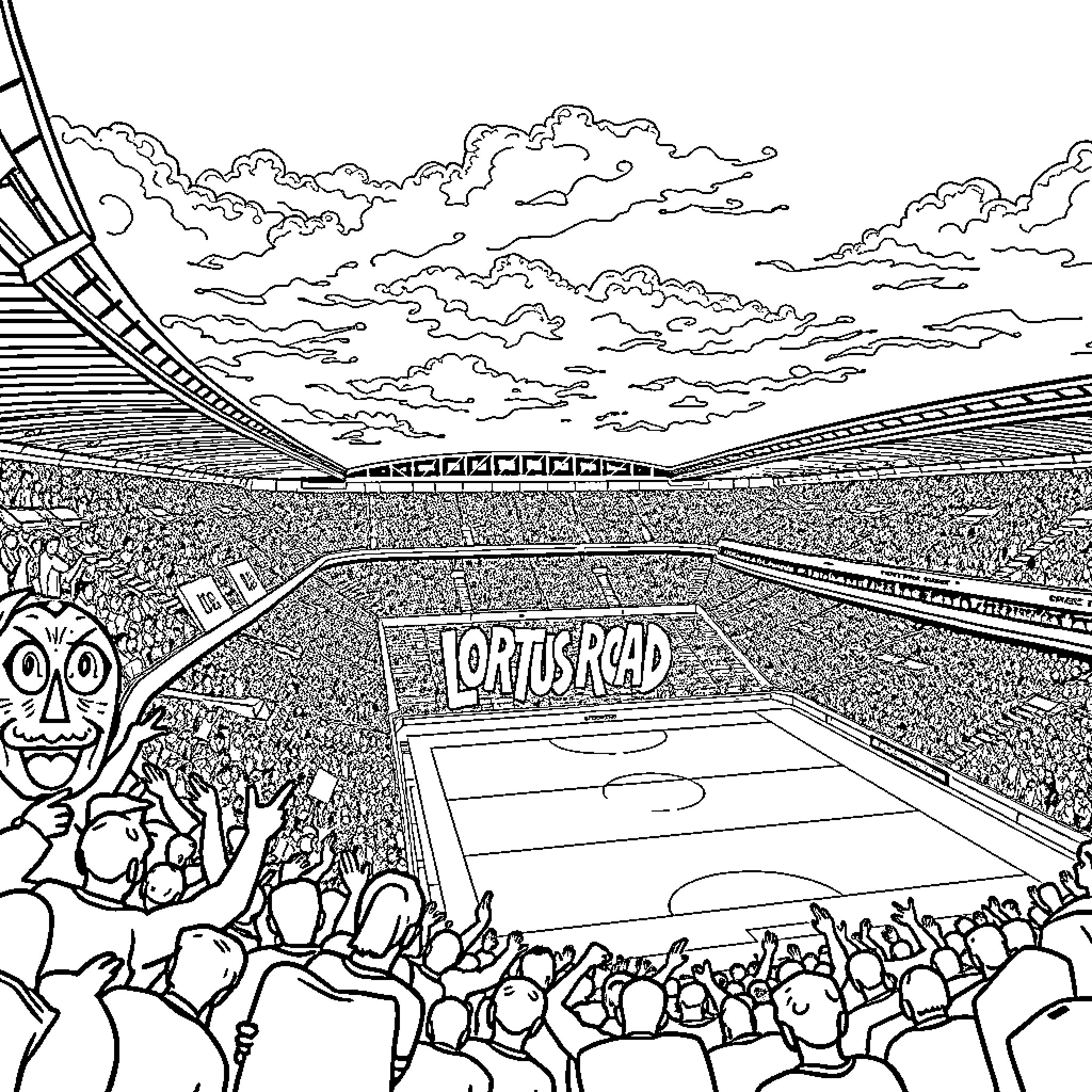 Loftus Road: Animated Football Stadium Scene Coloring Page (free black-and-white line drawing printable PDF for all, from beginners to advanced learners, including children, teens, adults, and seniors)