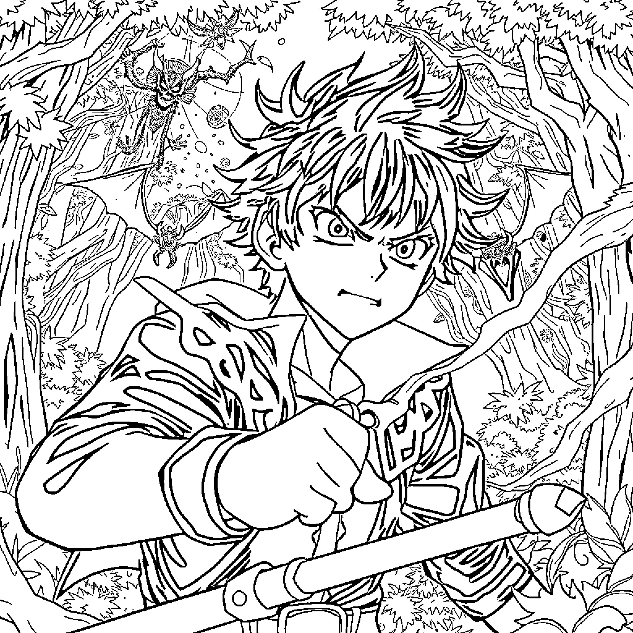 Asta's Adventure in the Enchanted Forest Coloring Page (free black-and-white line drawing printable PDF for all, from beginners to advanced learners, including children, teens, adults, and seniors)