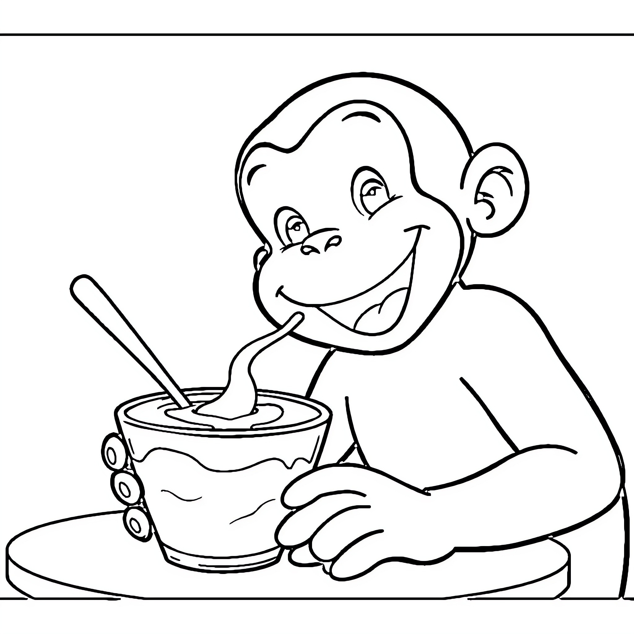 Curious George enjoying a tasty treat Coloring Page (free black-and-white line drawing printable PDF for all, from beginners to advanced learners, including children, teens, adults, and seniors)