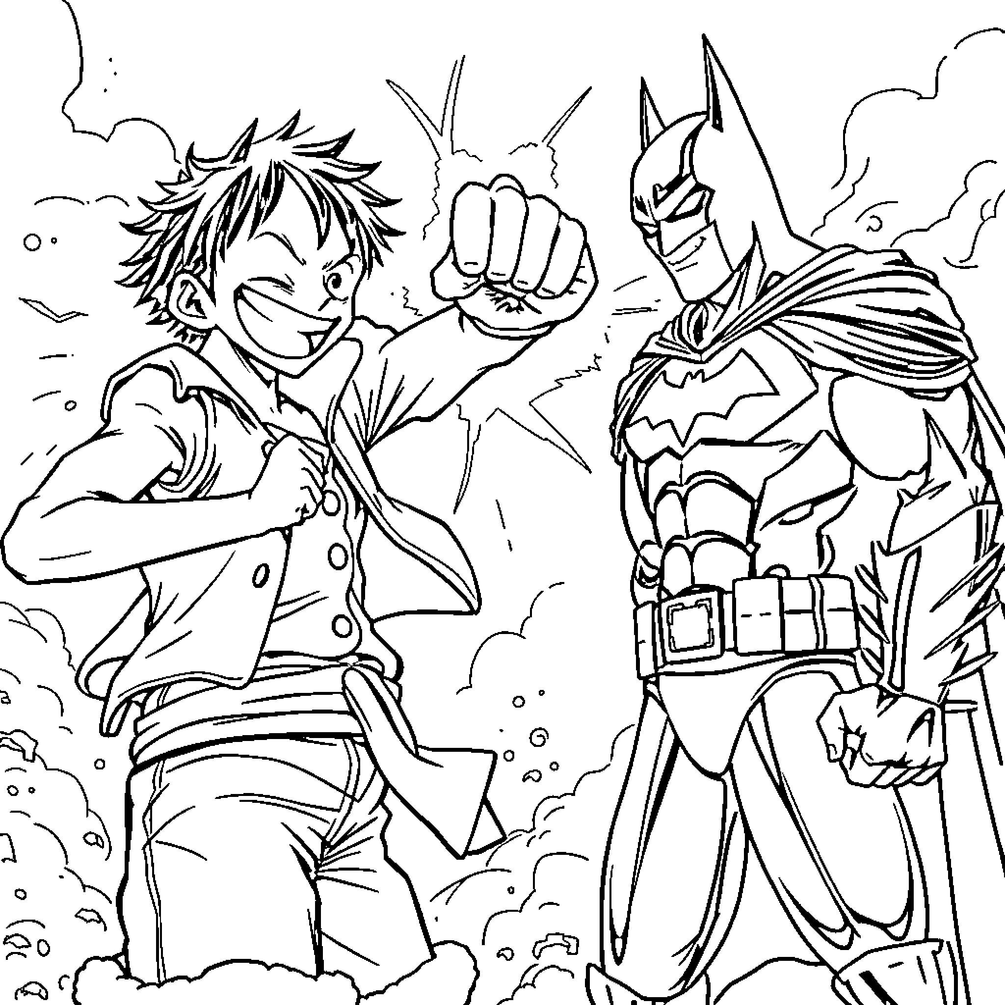 Luffy battling the Dark Knight in an intense showdown Coloring Page (free black-and-white line drawing printable PDF for all, from beginners to advanced learners, including children, teens, adults, and seniors)