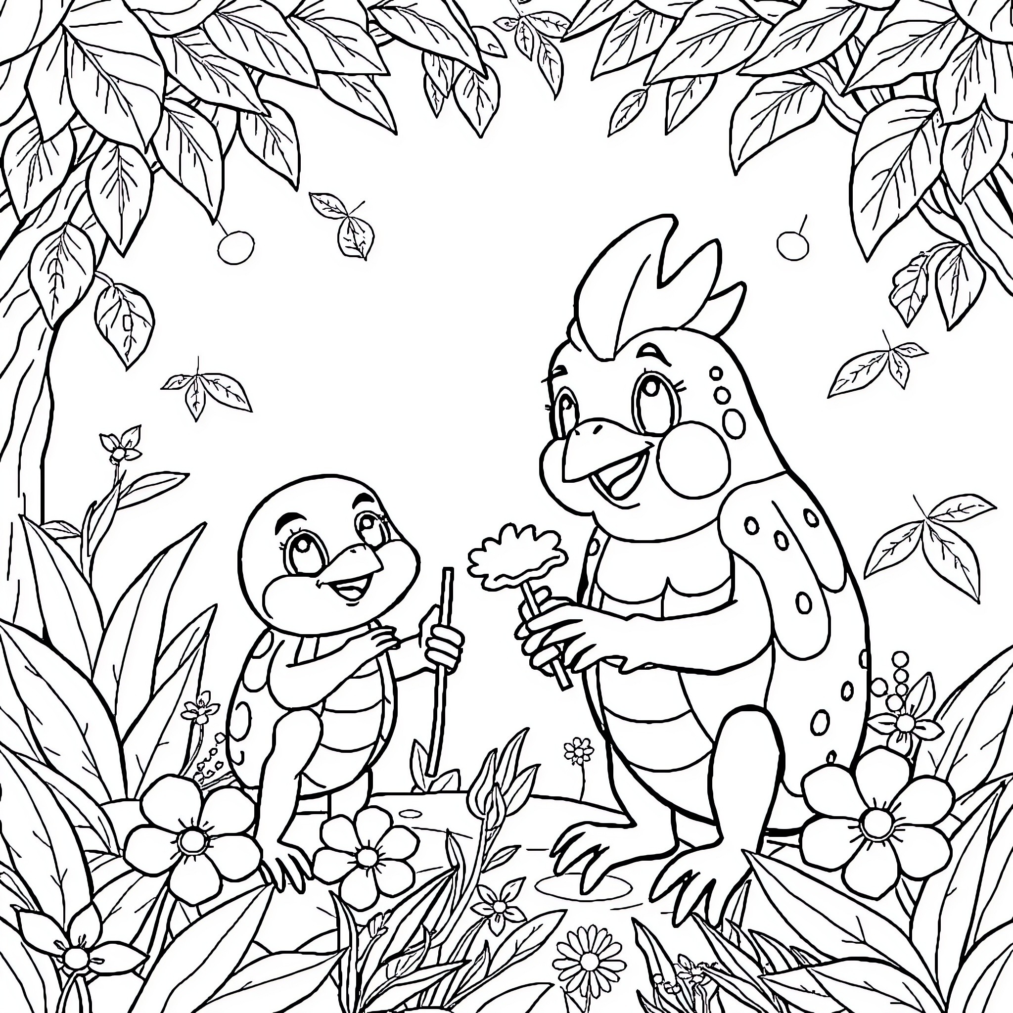 Labubu's Lively Garden Adventure Coloring Page (free black-and-white line drawing printable PDF for all, from beginners to advanced learners, including children, teens, adults, and seniors)
