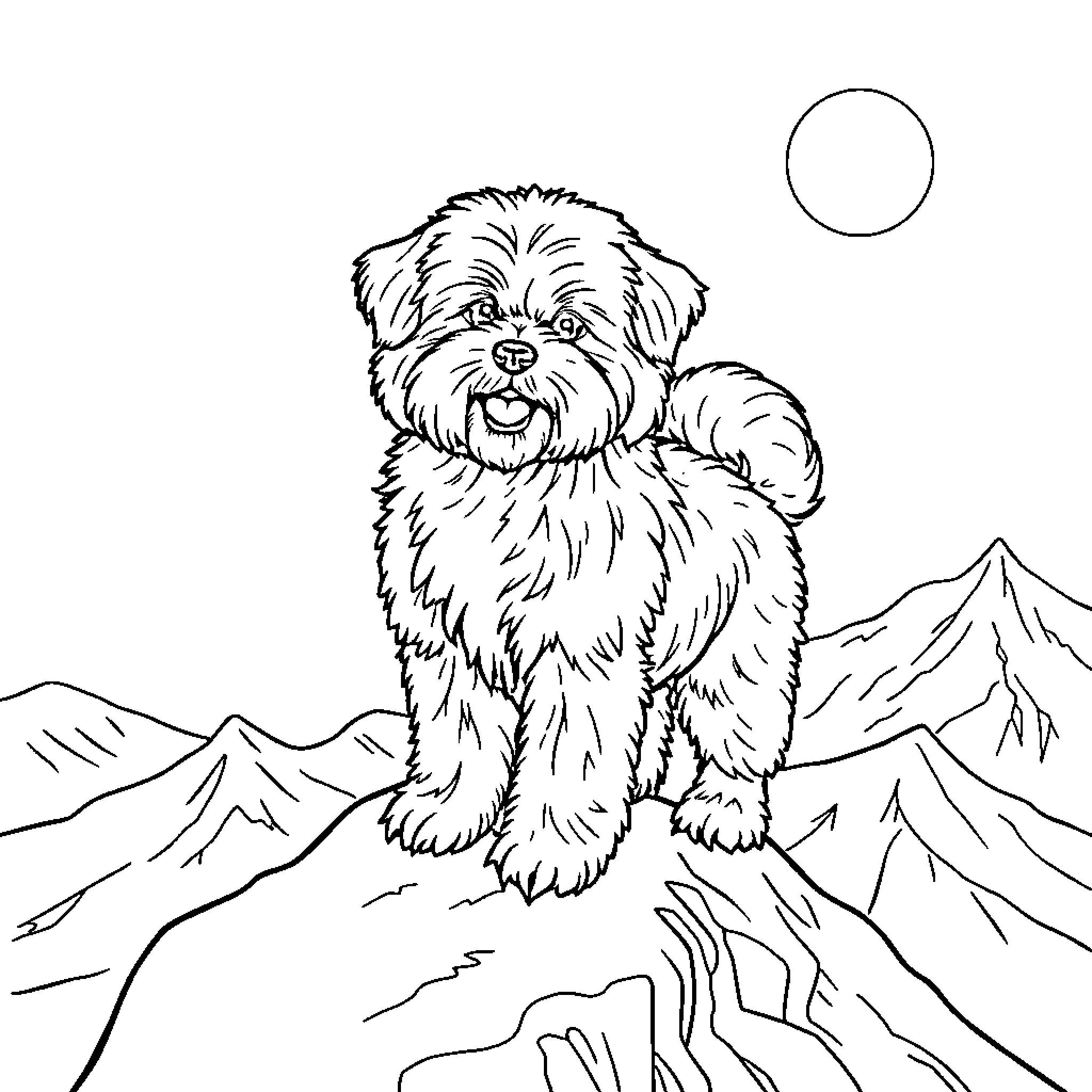 Bichon Enjoying the Mountain Scenery Coloring Page (free black-and-white line drawing printable PDF for all, from beginners to advanced learners, including children, teens, adults, and seniors)