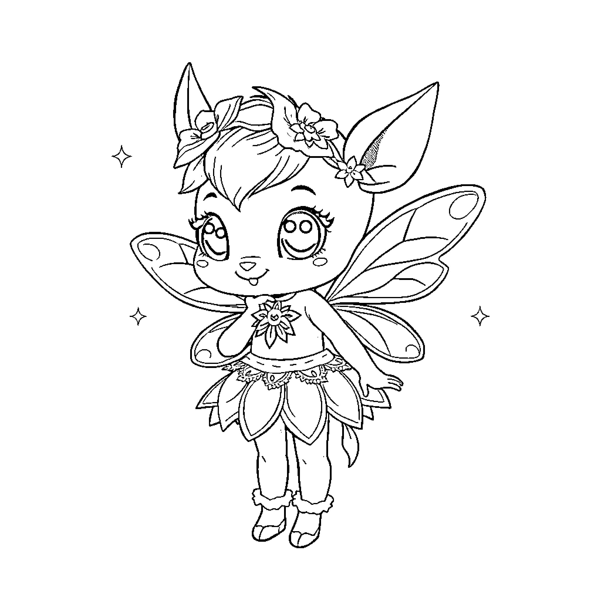 Labubu the Joyful Fairy in Flower Crown Coloring Page (free black-and-white line drawing printable PDF for all, from beginners to advanced learners, including children, teens, adults, and seniors)