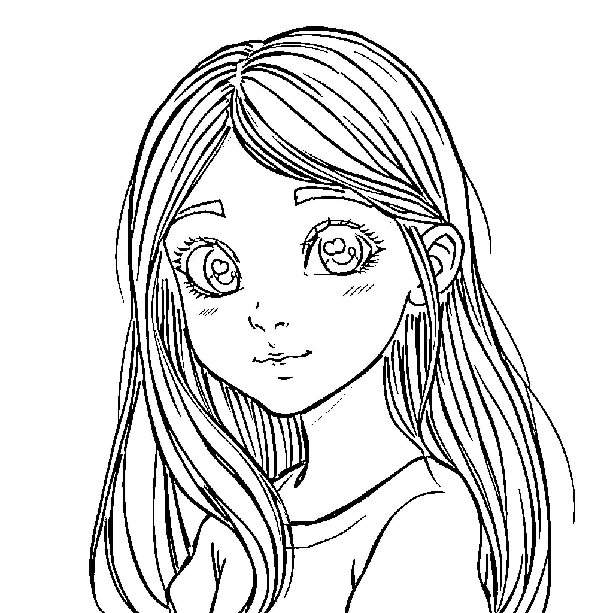 Girl with long, flowing hair and happy expression Coloring Page (free black-and-white line drawing printable PDF for all, from beginners to advanced learners, including children, teens, adults, and seniors)