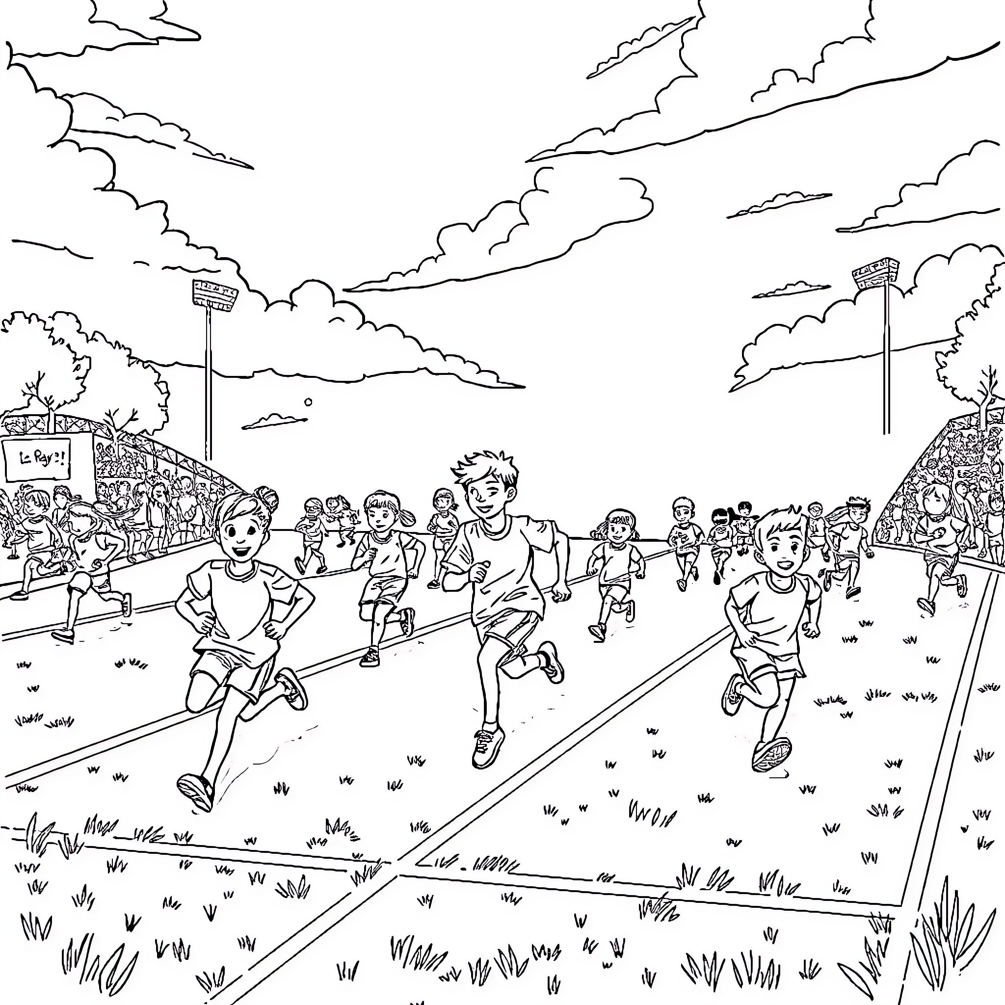 Sport event with athletes running on the field Coloring Page (free black-and-white line drawing printable PDF for all, from beginners to advanced learners, including children, teens, adults, and seniors)