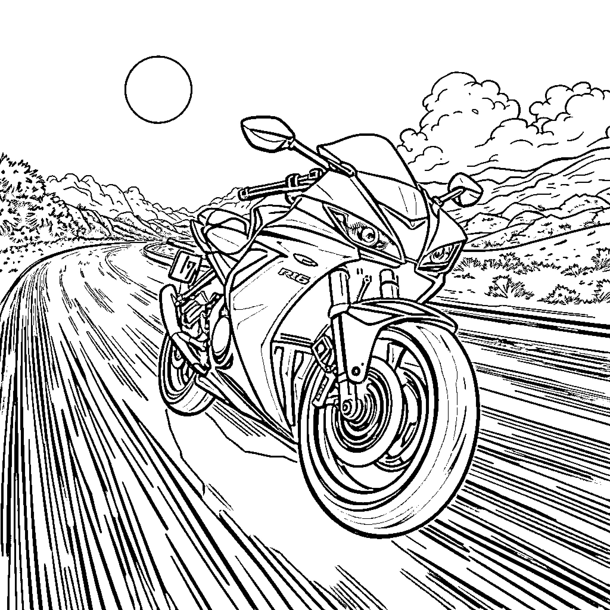 Yamaha R6 speeding on open road Coloring Page (free black-and-white line drawing printable PDF for all, from beginners to advanced learners, including children, teens, adults, and seniors)