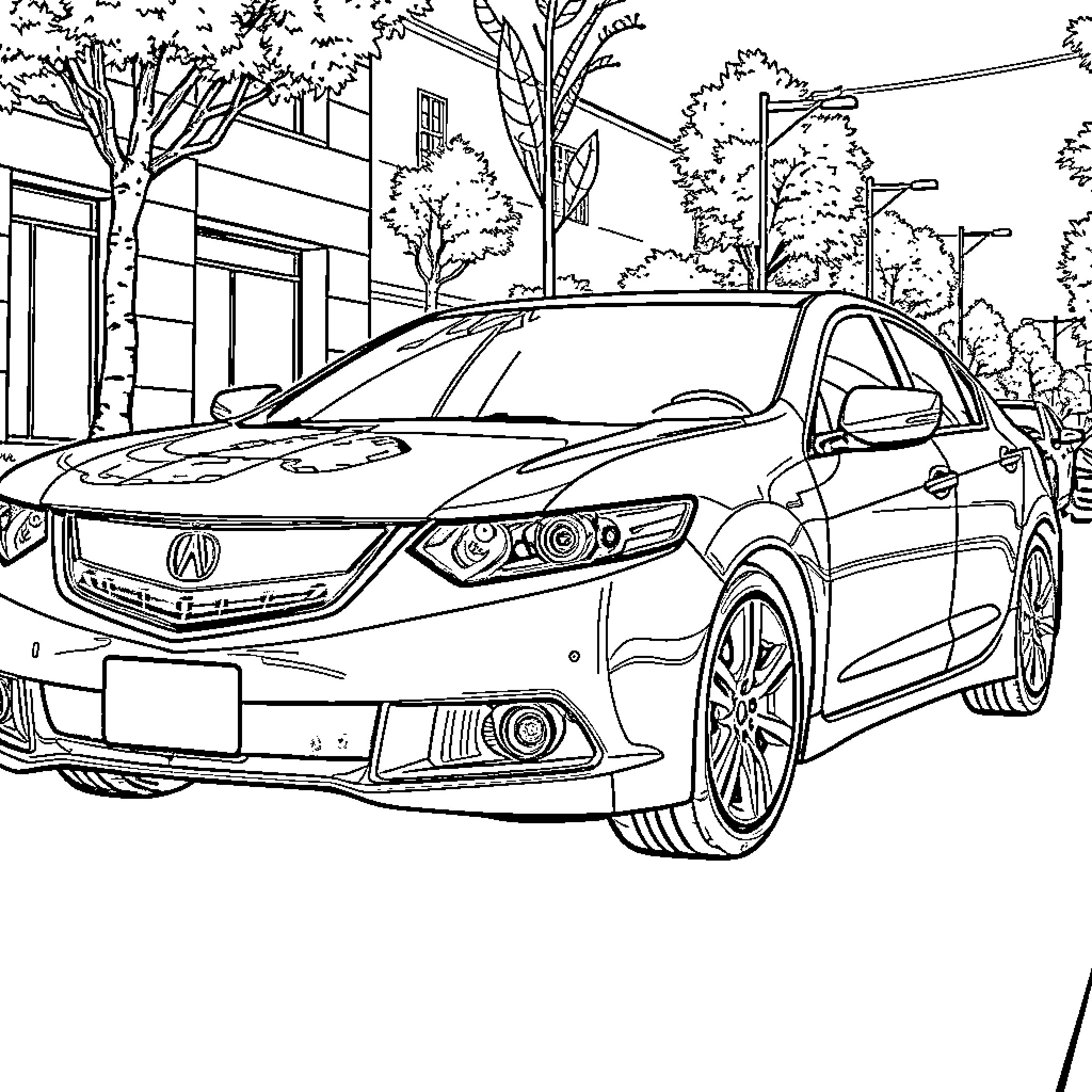 Acura TSX parked on a city street Coloring Page (free black-and-white line drawing printable PDF for all, from beginners to advanced learners, including children, teens, adults, and seniors)