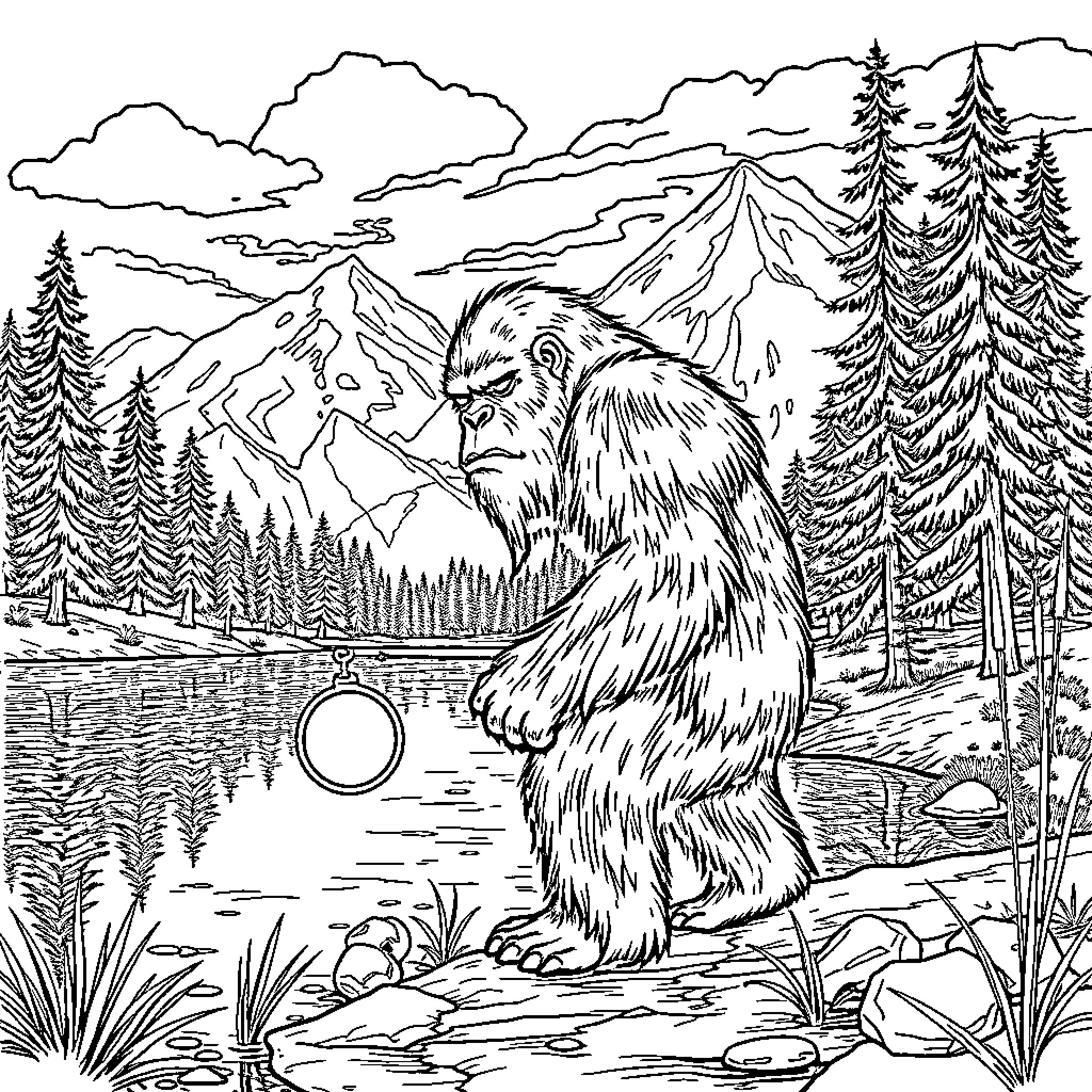 Bigfoot roaming through the scenic mountainous wilderness Coloring Page (free black-and-white line drawing printable PDF for all, from beginners to advanced learners, including children, teens, adults, and seniors)