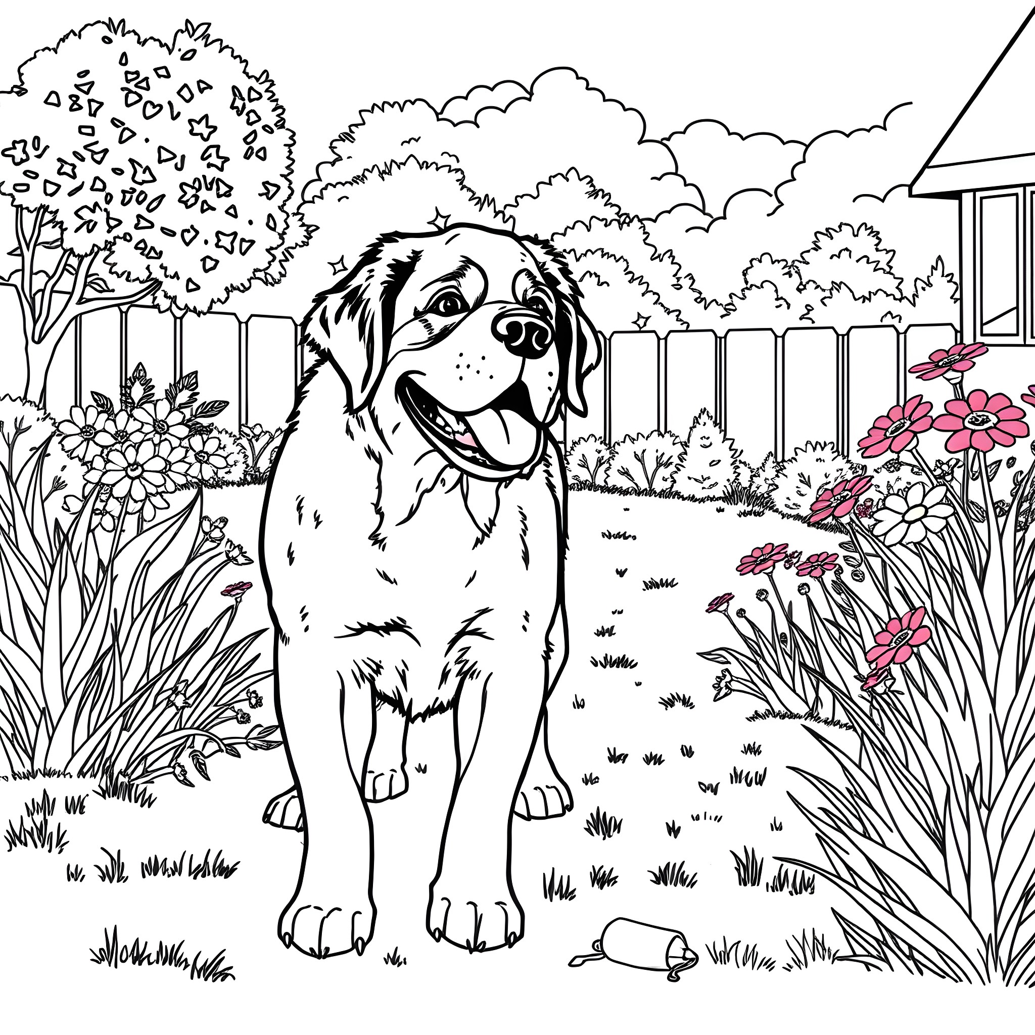 Saint Bernard in a Cheerful Garden Landscape Coloring Page (free black-and-white line drawing printable PDF for all, from beginners to advanced learners, including children, teens, adults, and seniors)