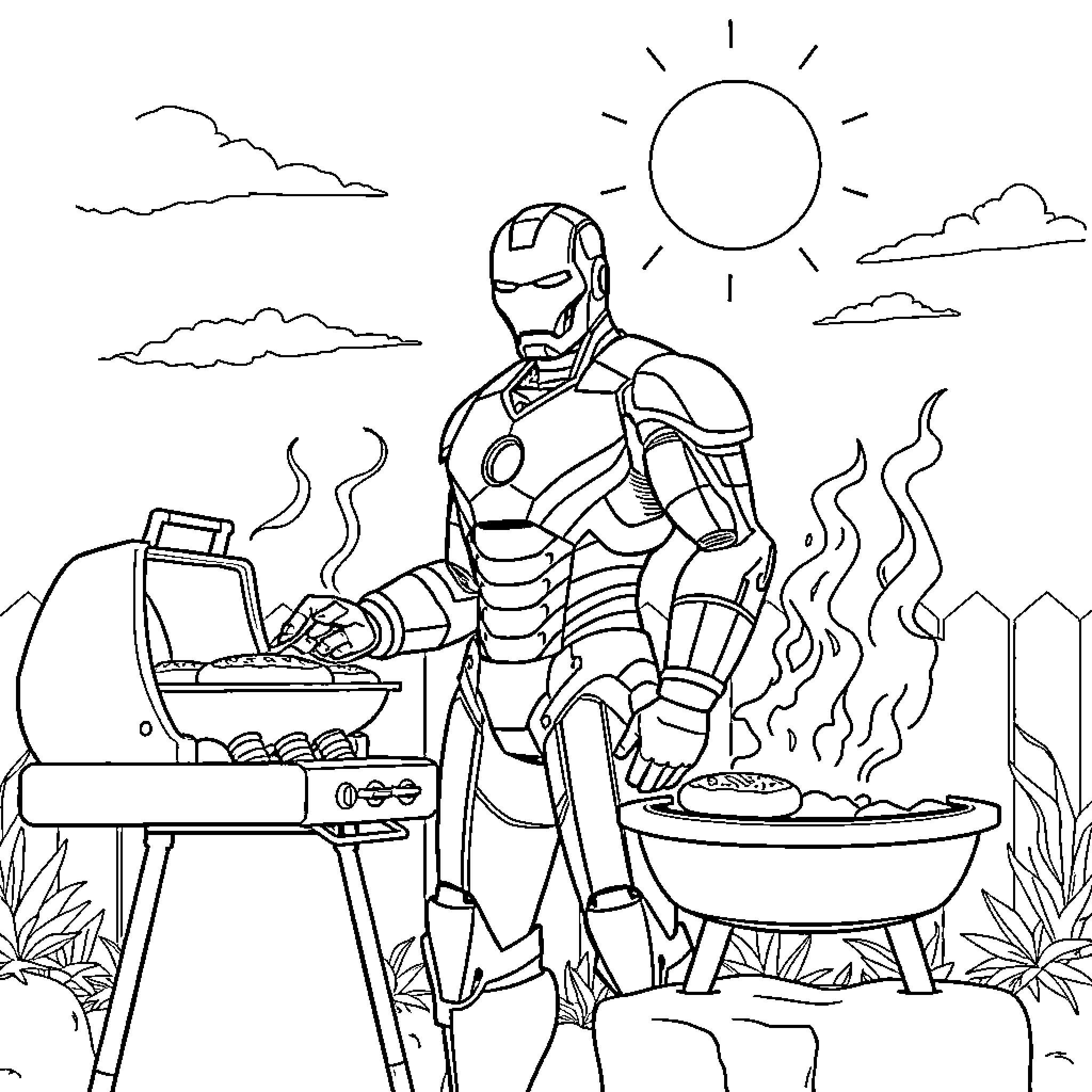 Iron Man Enjoying a Sunny Outdoor Barbecue Coloring Page (free black-and-white line drawing printable PDF for all, from beginners to advanced learners, including children, teens, adults, and seniors)