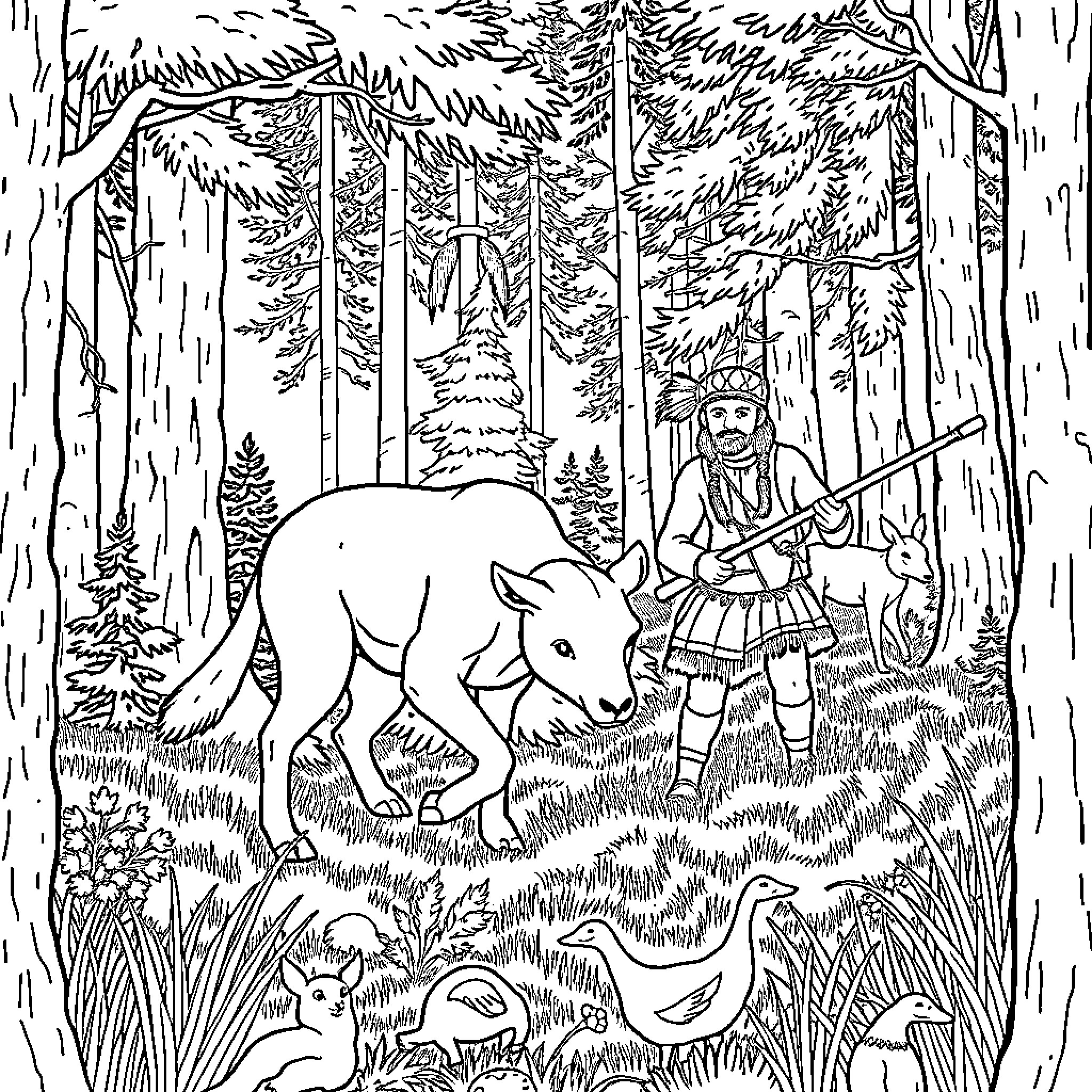 Romi's forest adventure with woodland creatures Coloring Page (free black-and-white line drawing printable PDF for all, from beginners to advanced learners, including children, teens, adults, and seniors)