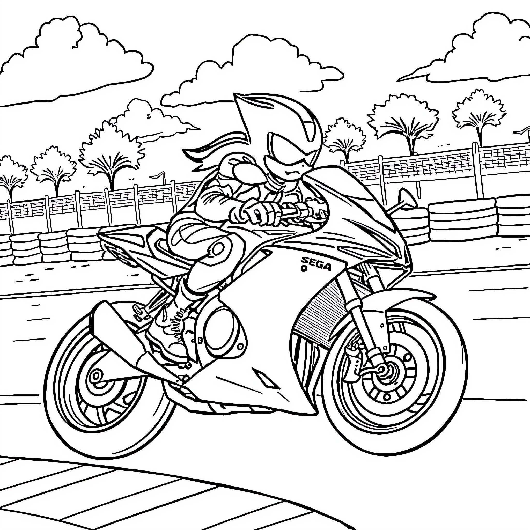 Shadow of a speeding motorcycle on the road Coloring Page (free black-and-white line drawing printable PDF for all, from beginners to advanced learners, including children, teens, adults, and seniors)