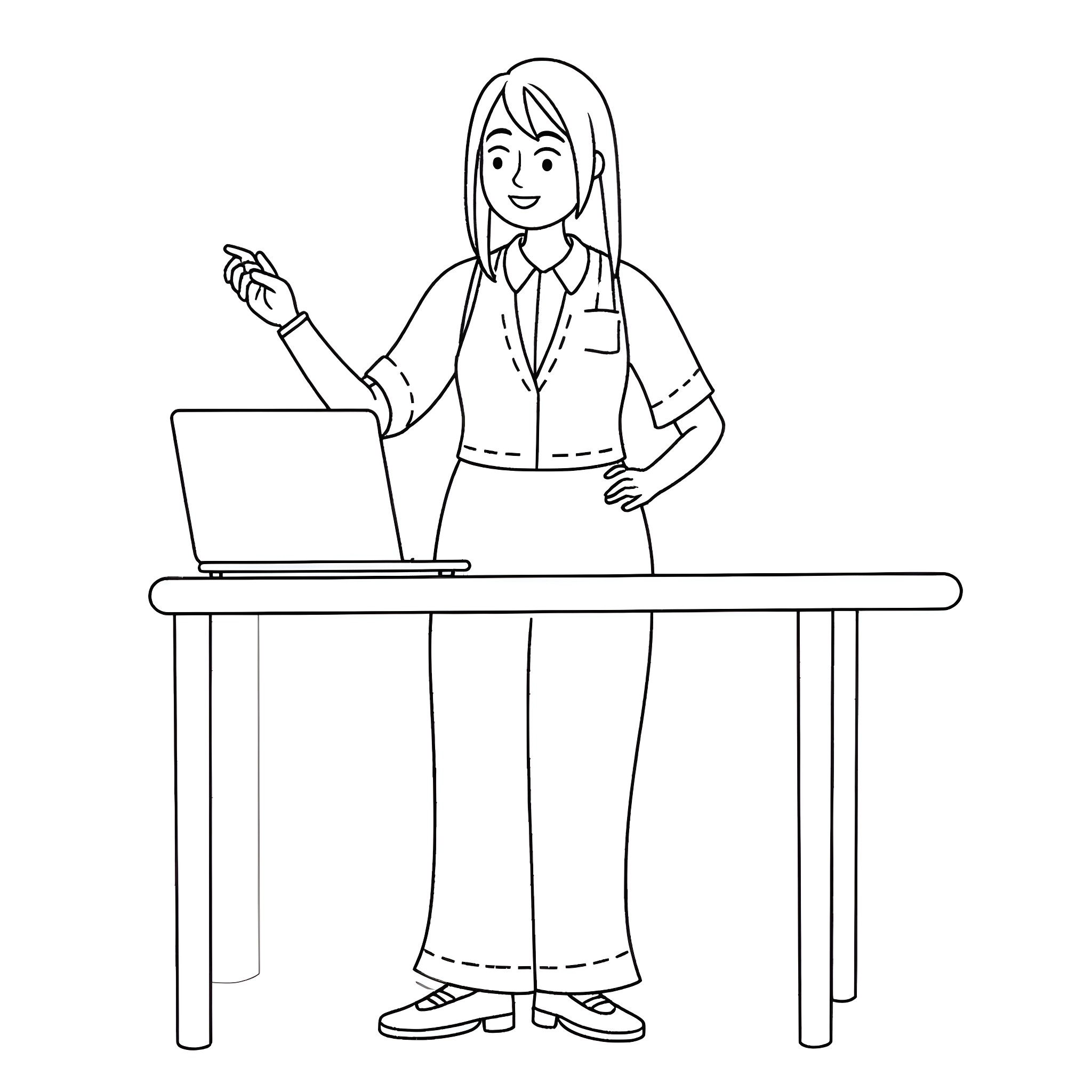 Teacher presenting at desk with laptop Coloring Page (free black-and-white line drawing printable PDF for all, from beginners to advanced learners, including children, teens, adults, and seniors)