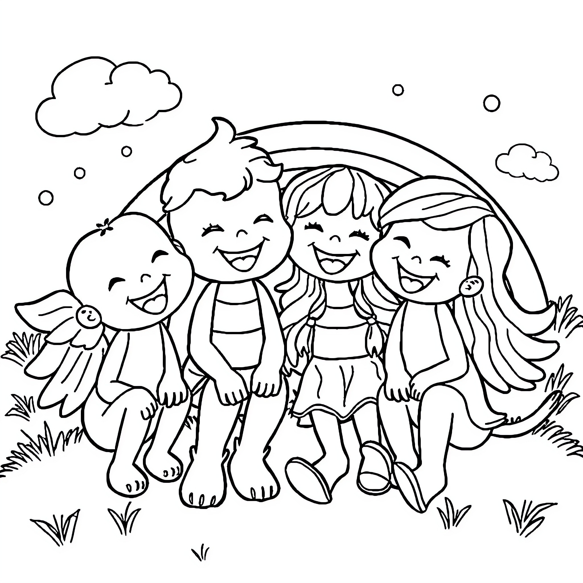 Rainbow Friend Playing with Joyful Children Coloring Page (free black-and-white line drawing printable PDF for all, from beginners to advanced learners, including children, teens, adults, and seniors)