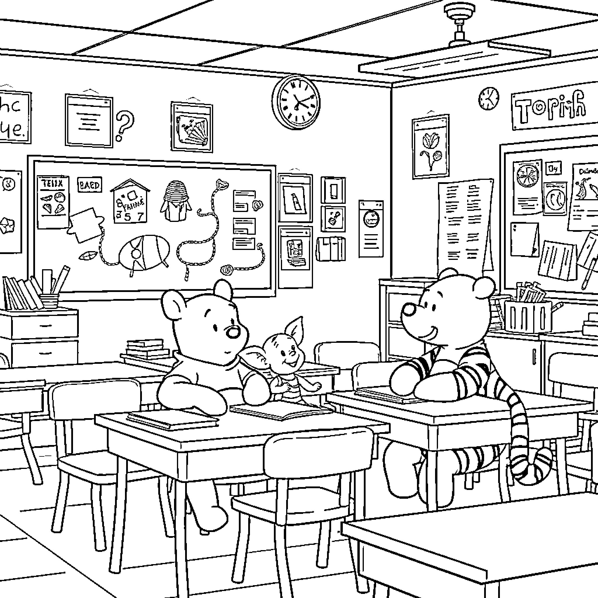 Winnie The Pooh and friends studying in the classroom Coloring Page (free black-and-white line drawing printable PDF for all, from beginners to advanced learners, including children, teens, adults, and seniors)