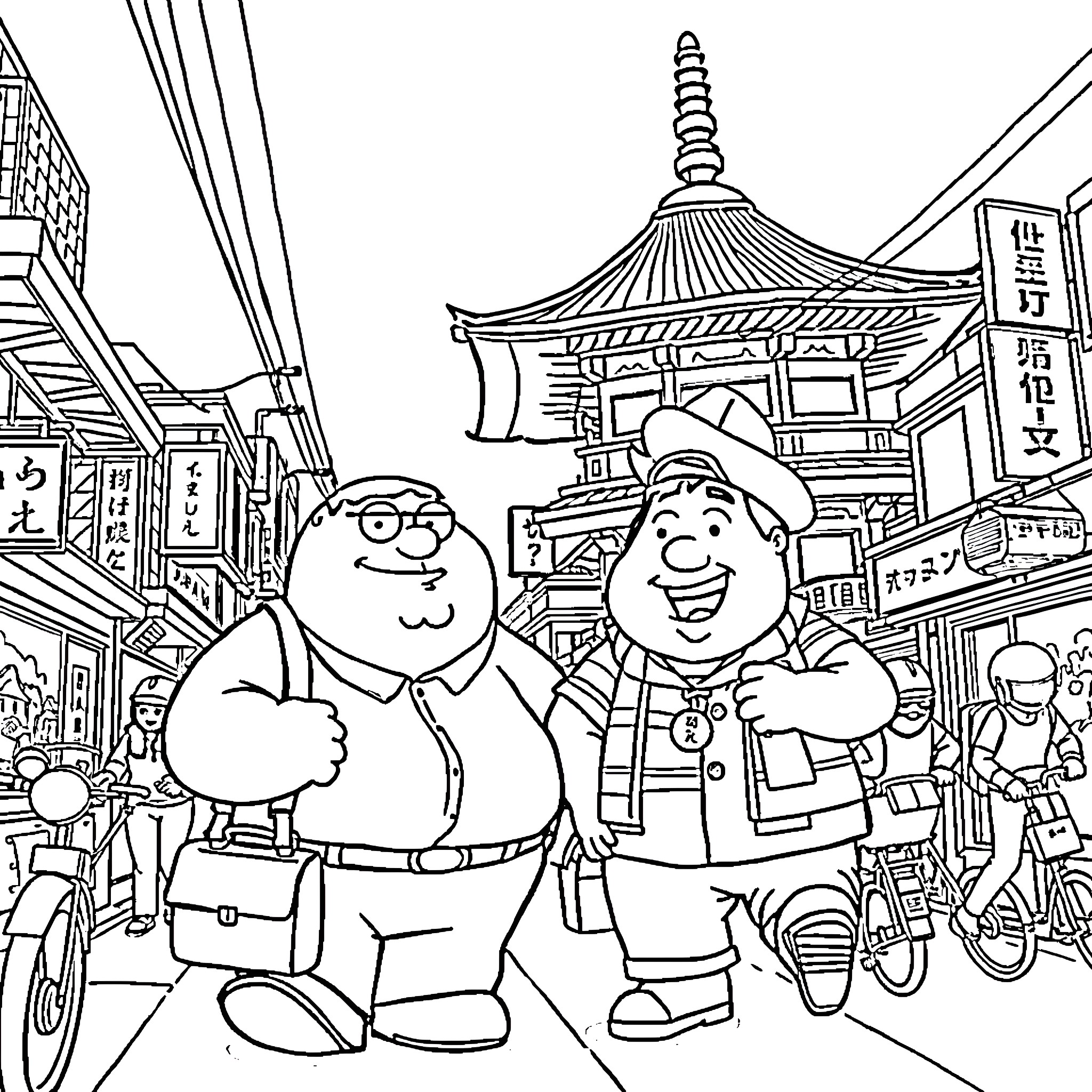 Peter Griffin and friends explore bustling Japanese market Coloring Page (free black-and-white line drawing printable PDF for all, from beginners to advanced learners, including children, teens, adults, and seniors)