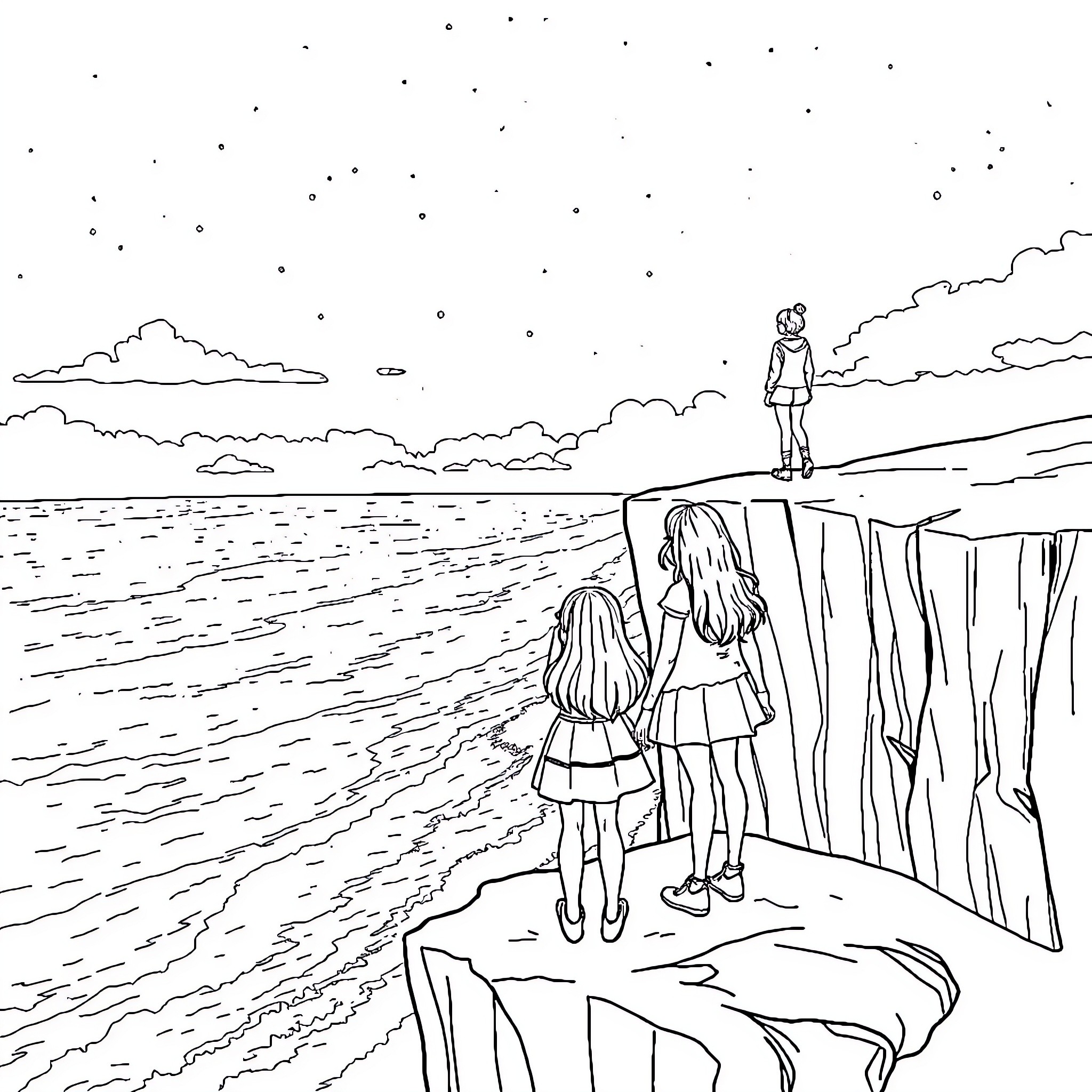 Sophie Foster gazing at the serene ocean view Coloring Page (free black-and-white line drawing printable PDF for all, from beginners to advanced learners, including children, teens, adults, and seniors)