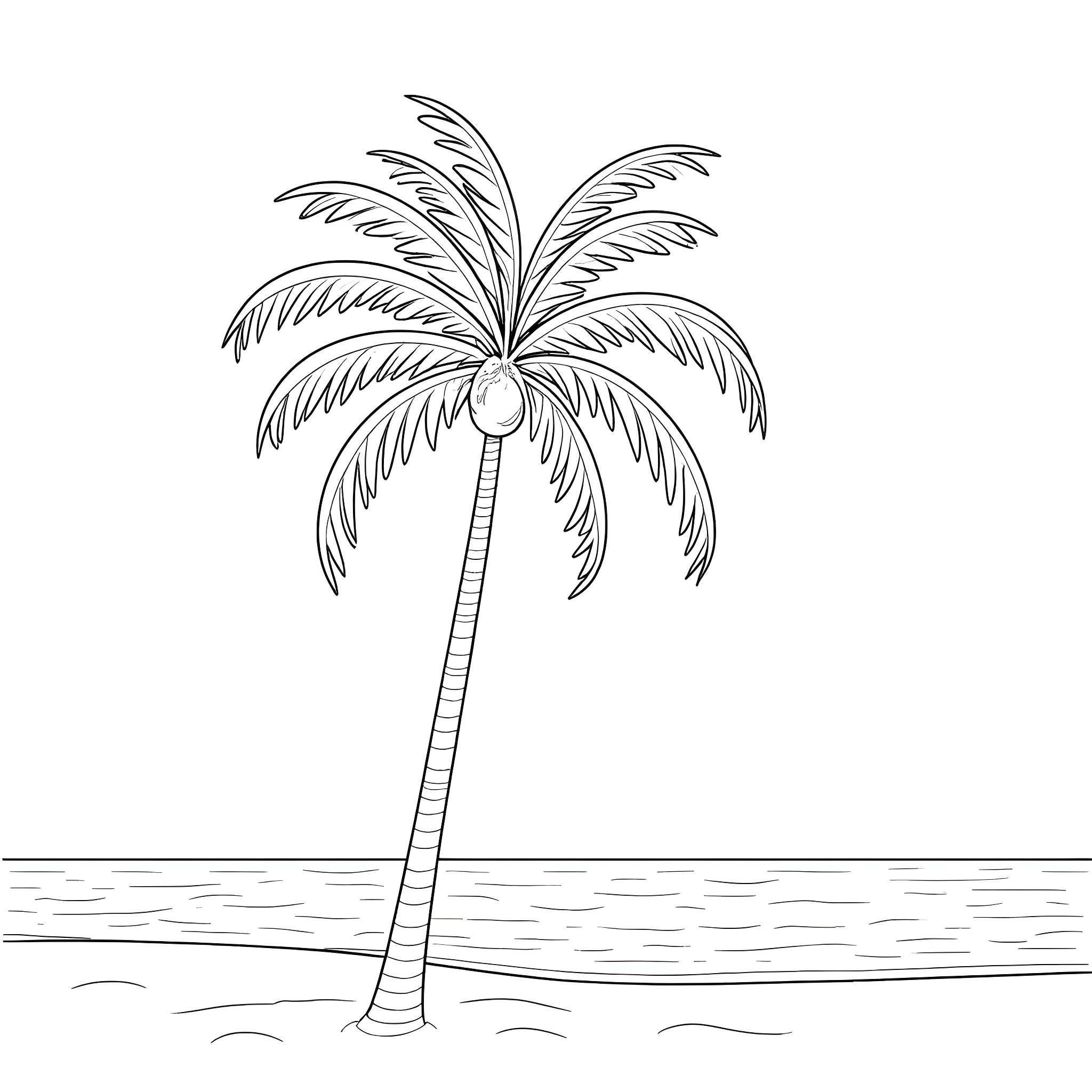 Tree of tropical palm on the beach Coloring Page (free black-and-white line drawing printable PDF for all, from beginners to advanced learners, including children, teens, adults, and seniors)
