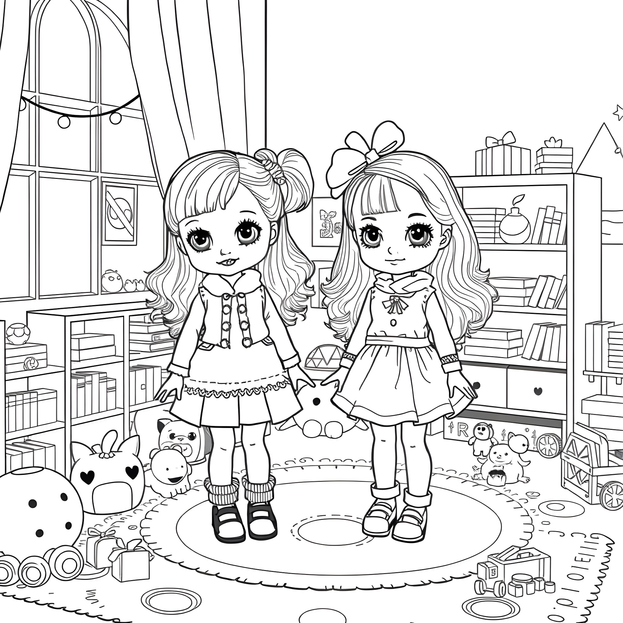 Doll Friends Posing in Cozy Bedroom Coloring Page (free black-and-white line drawing printable PDF for all, from beginners to advanced learners, including children, teens, adults, and seniors)