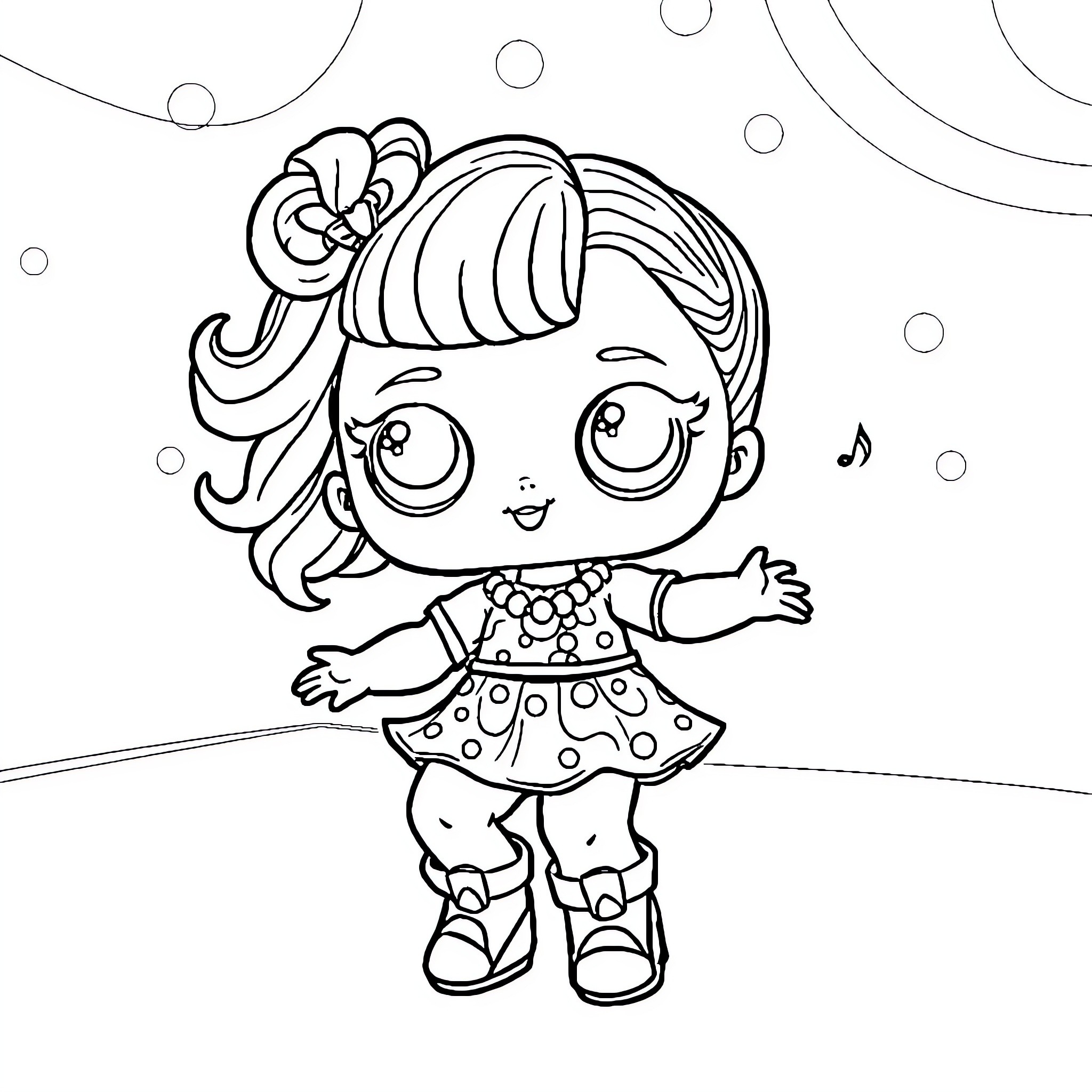 Lol Doll dancing happily with music notes Coloring Page (free black-and-white line drawing printable PDF for all, from beginners to advanced learners, including children, teens, adults, and seniors)