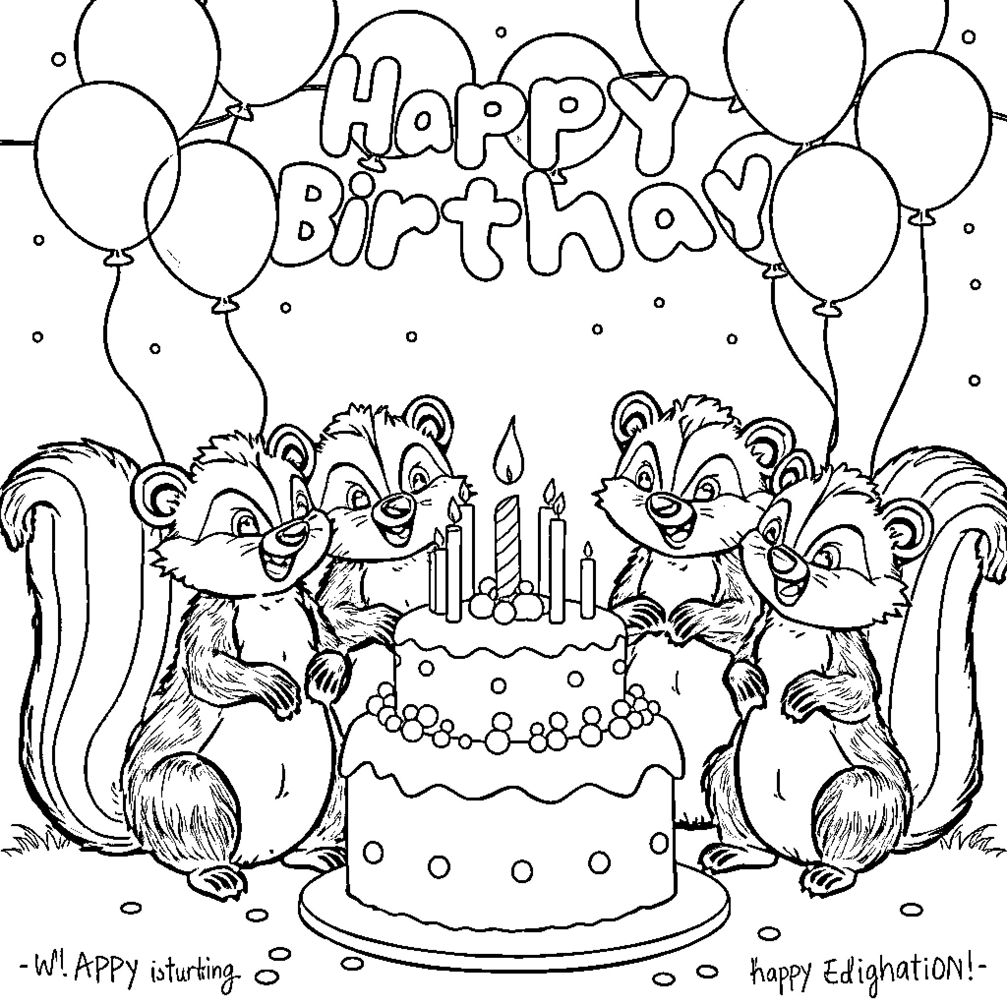 Skunk friends celebrating birthday with cake and balloons Coloring Page (free black-and-white line drawing printable PDF for all, from beginners to advanced learners, including children, teens, adults, and seniors)