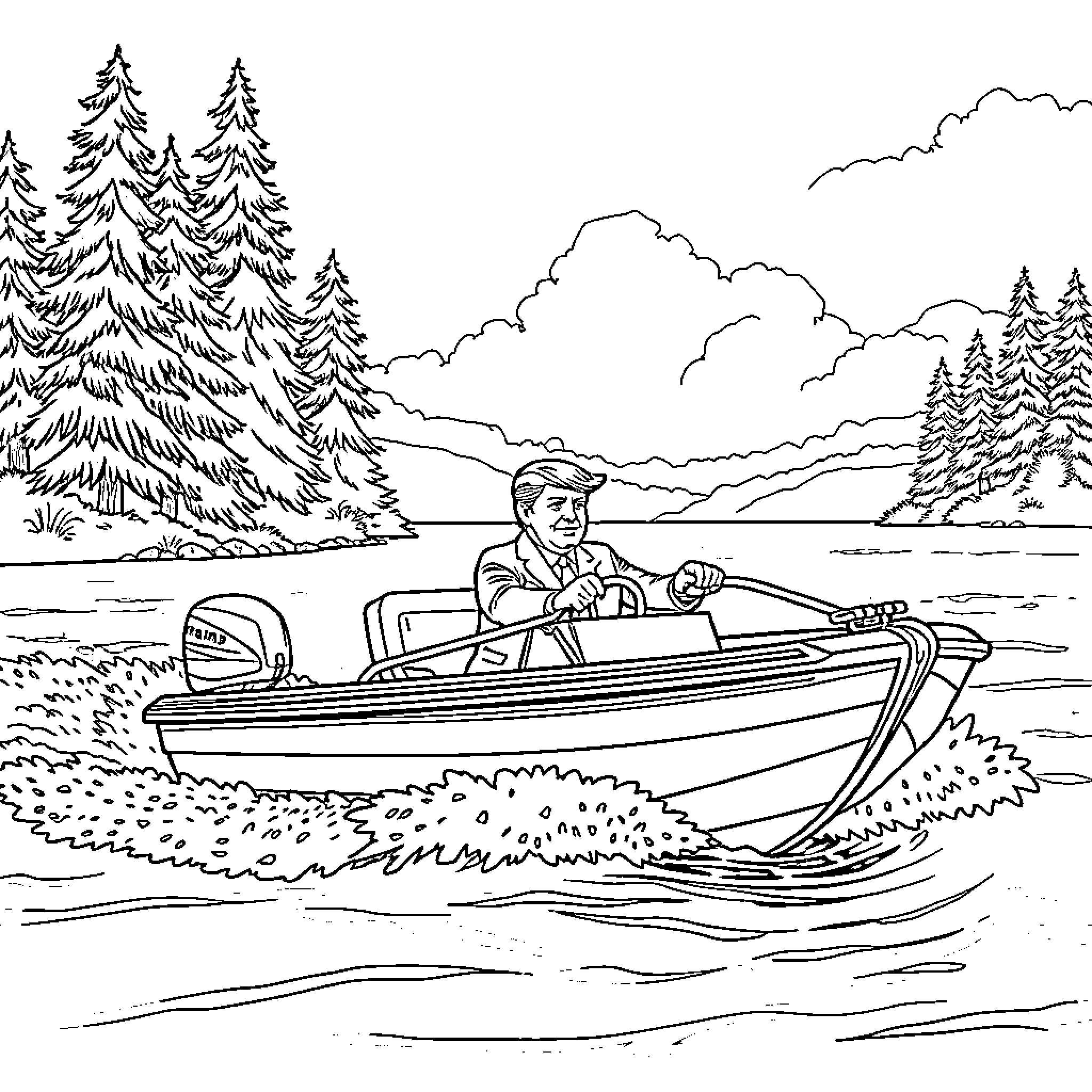 Trump boating on a tranquil lake in the forest Coloring Page (free black-and-white line drawing printable PDF for all, from beginners to advanced learners, including children, teens, adults, and seniors)