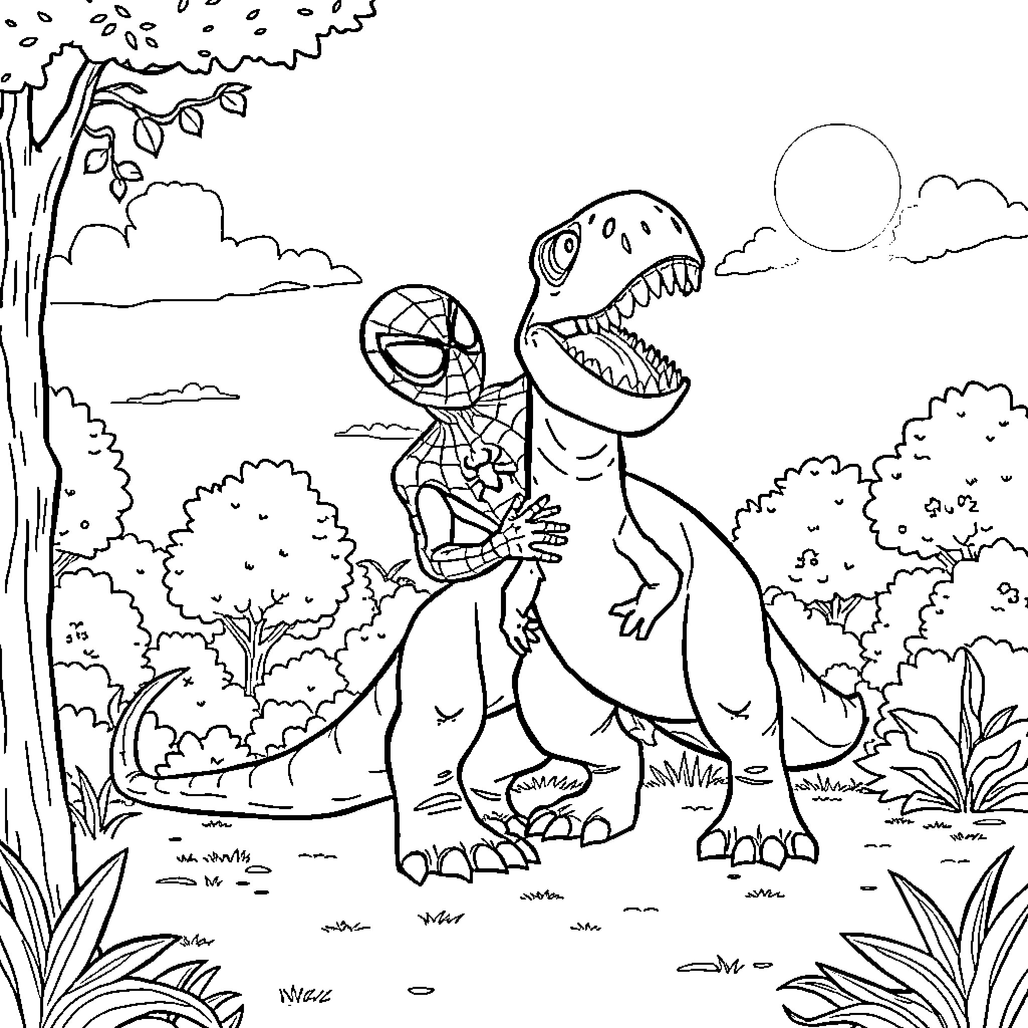 Dinosaur and Superhero Encounter in Lush Landscape Coloring Page (free black-and-white line drawing printable PDF for all, from beginners to advanced learners, including children, teens, adults, and seniors)