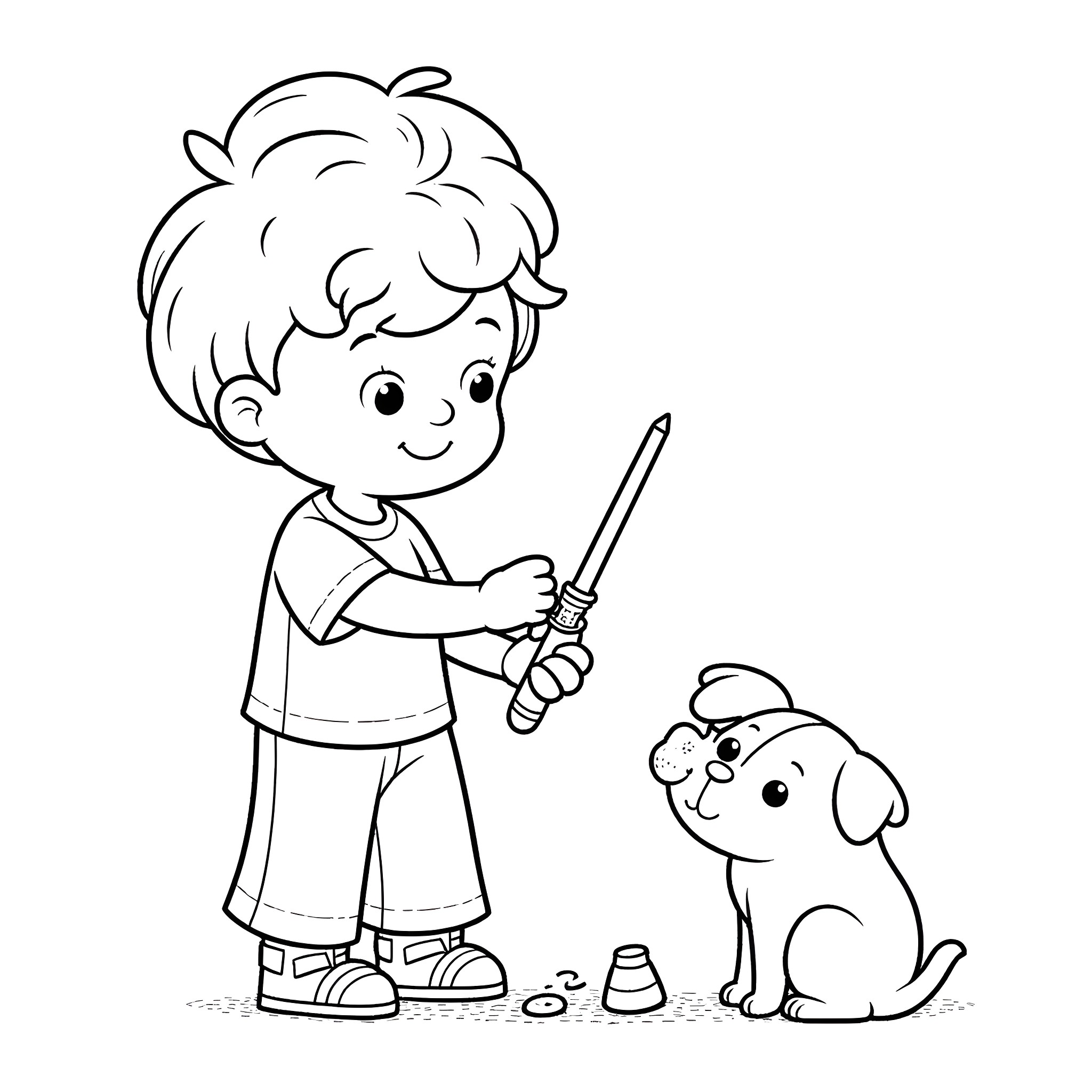 Child playing with pet dog and holding toy sword Coloring Page (free black-and-white line drawing printable PDF for all, from beginners to advanced learners, including children, teens, adults, and seniors)