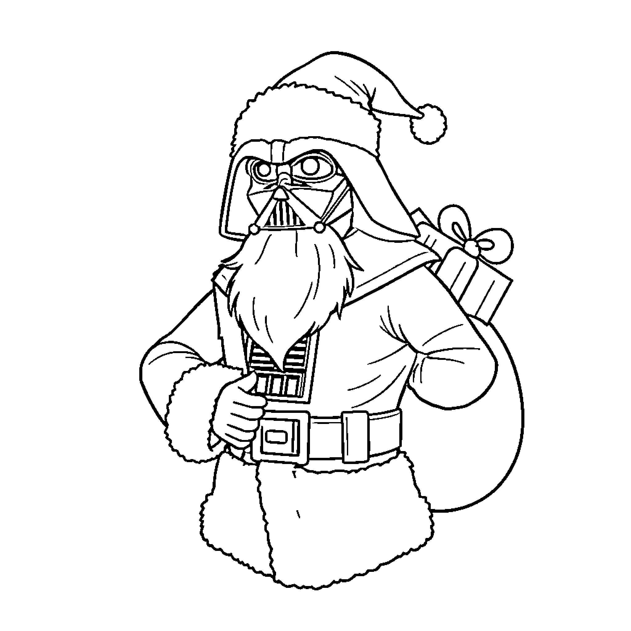 Darth Vader as a Festive Santa-Like Figure Coloring Page (free black-and-white line drawing printable PDF for all, from beginners to advanced learners, including children, teens, adults, and seniors)