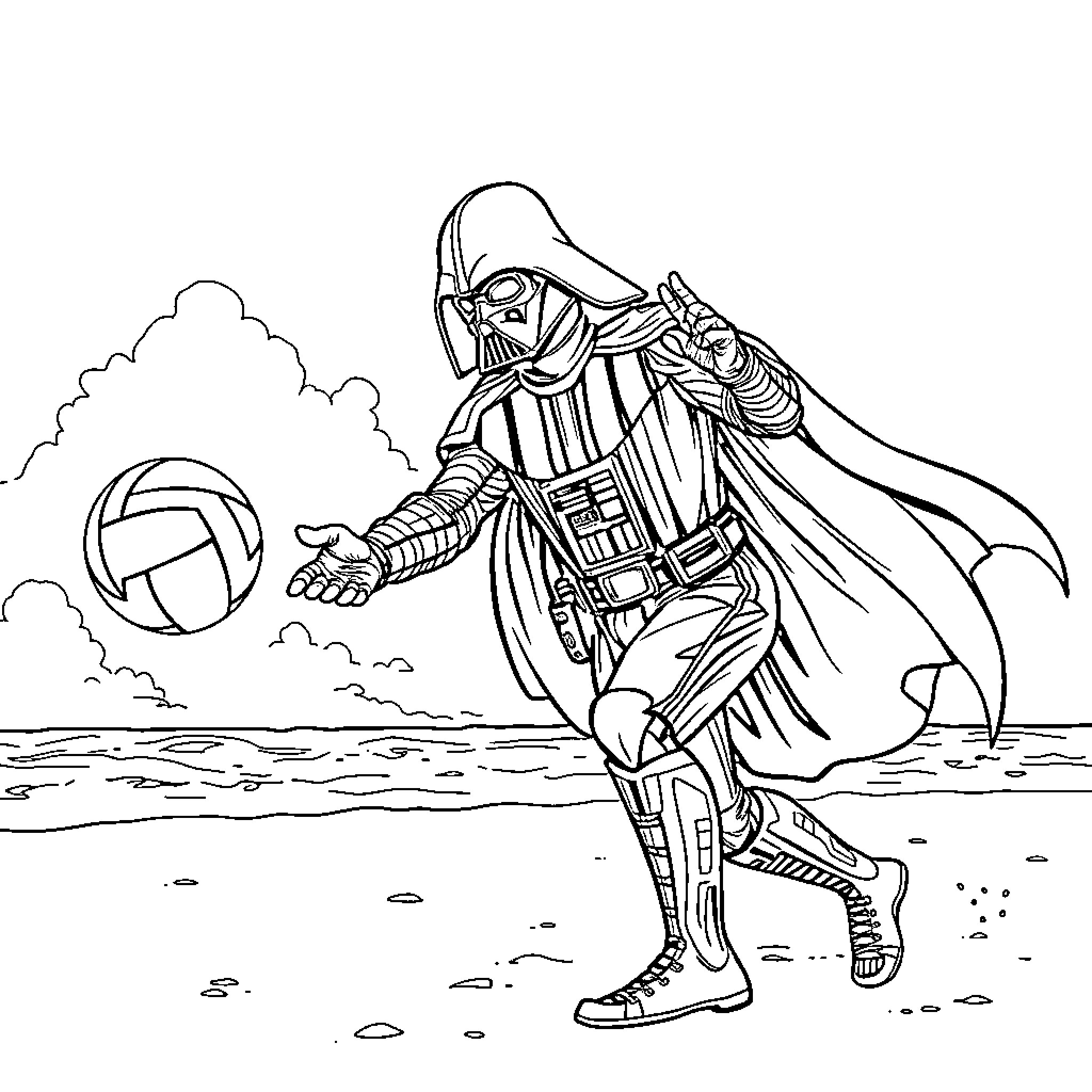 Darth Vader playing with a ball on the beach Coloring Page (free black-and-white line drawing printable PDF for all, from beginners to advanced learners, including children, teens, adults, and seniors)