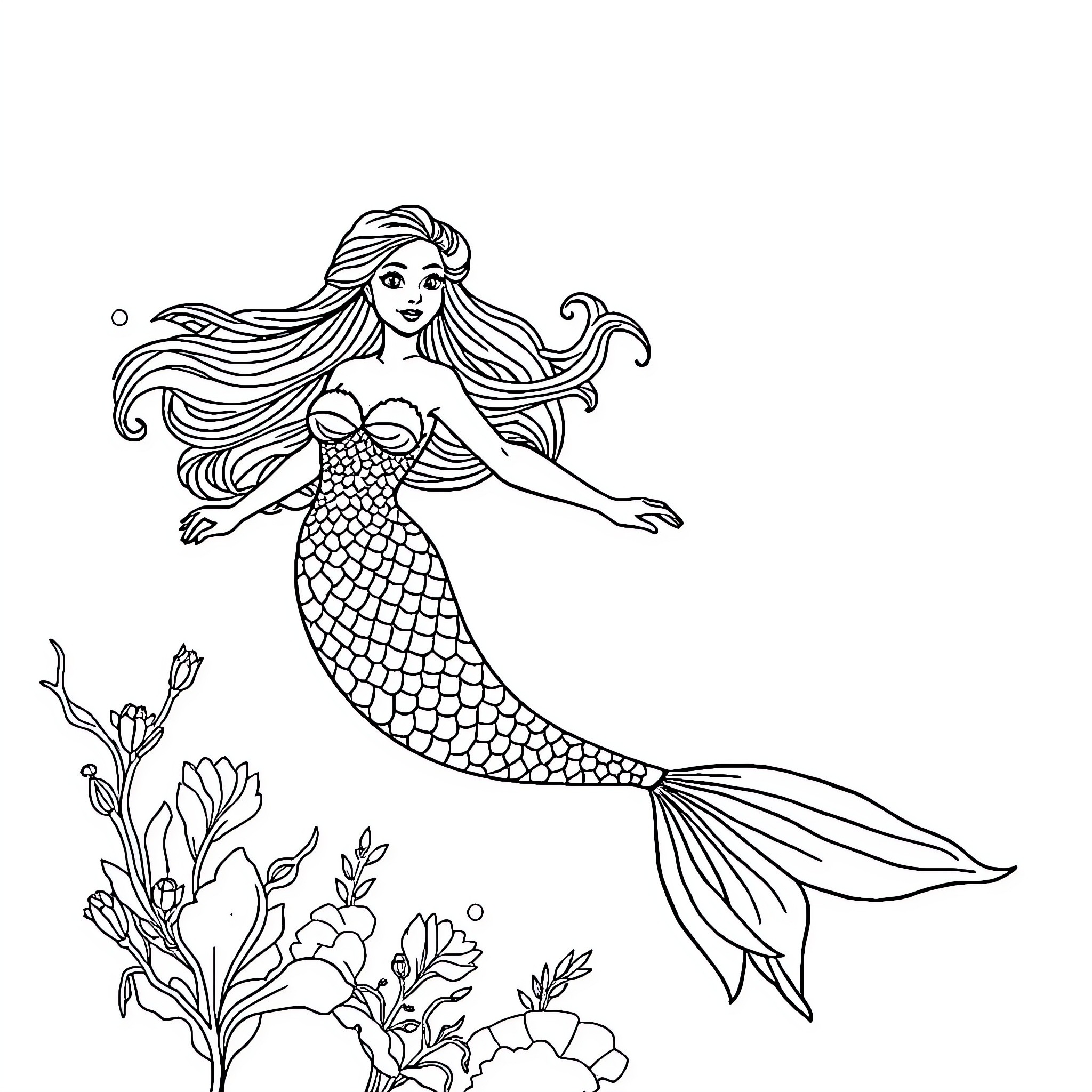 Mermaid swimming gracefully in the ocean Coloring Page (free black-and-white line drawing printable PDF for all, from beginners to advanced learners, including children, teens, adults, and seniors)
